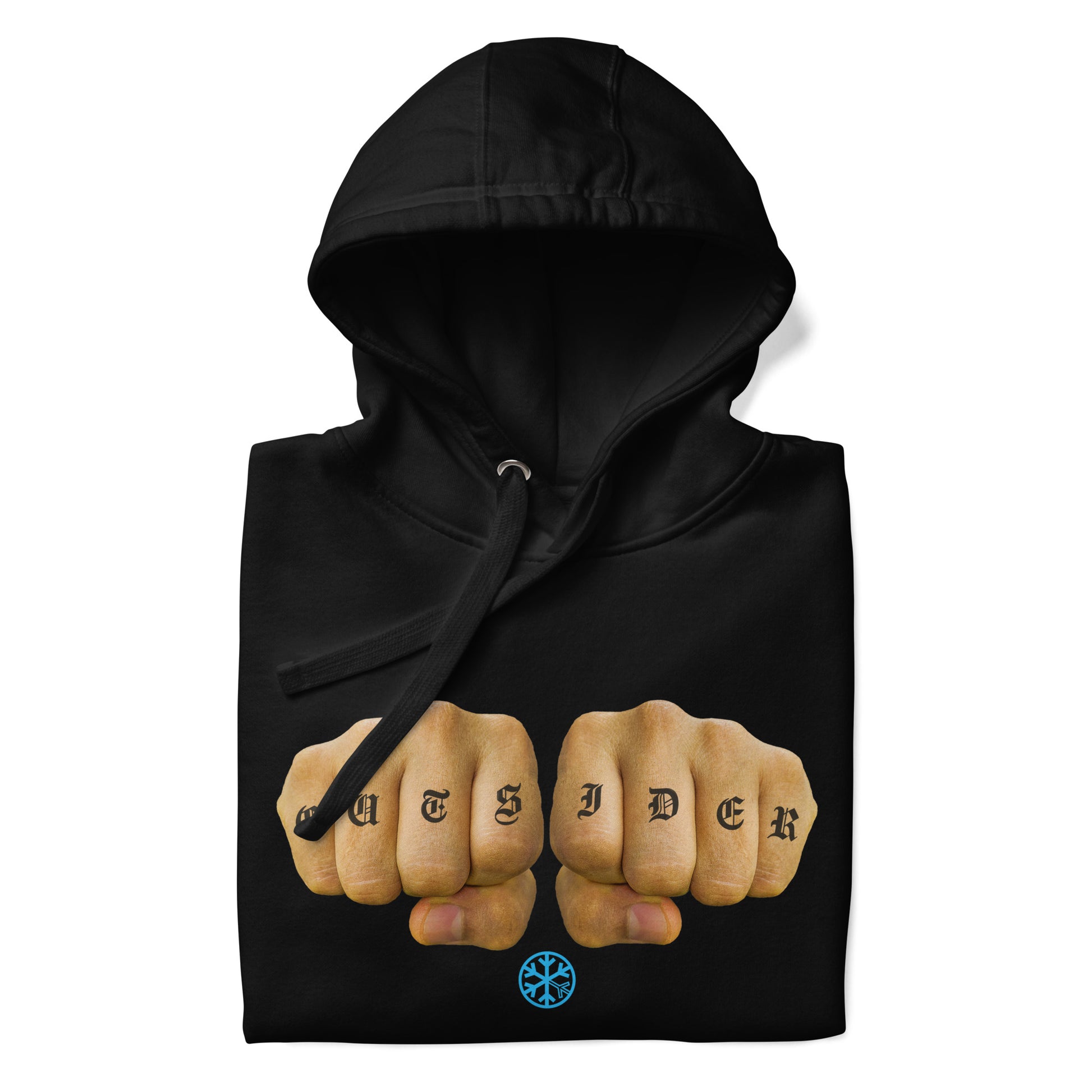 Black-Outsider Tattoo Hoodie from B.Different Clothing, folded, graffiti-inspired streetwear