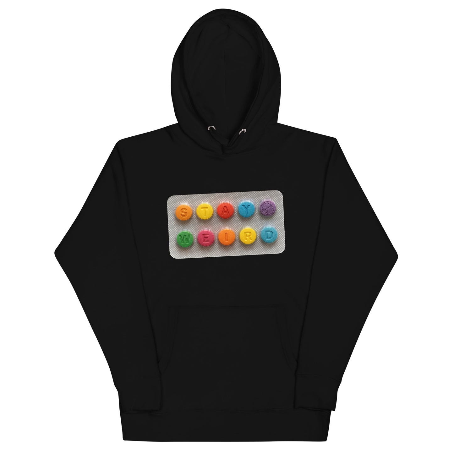 Black-Stay Weird Pills Hoodie from B.Different Clothing, front view, graffiti-inspired streetwear