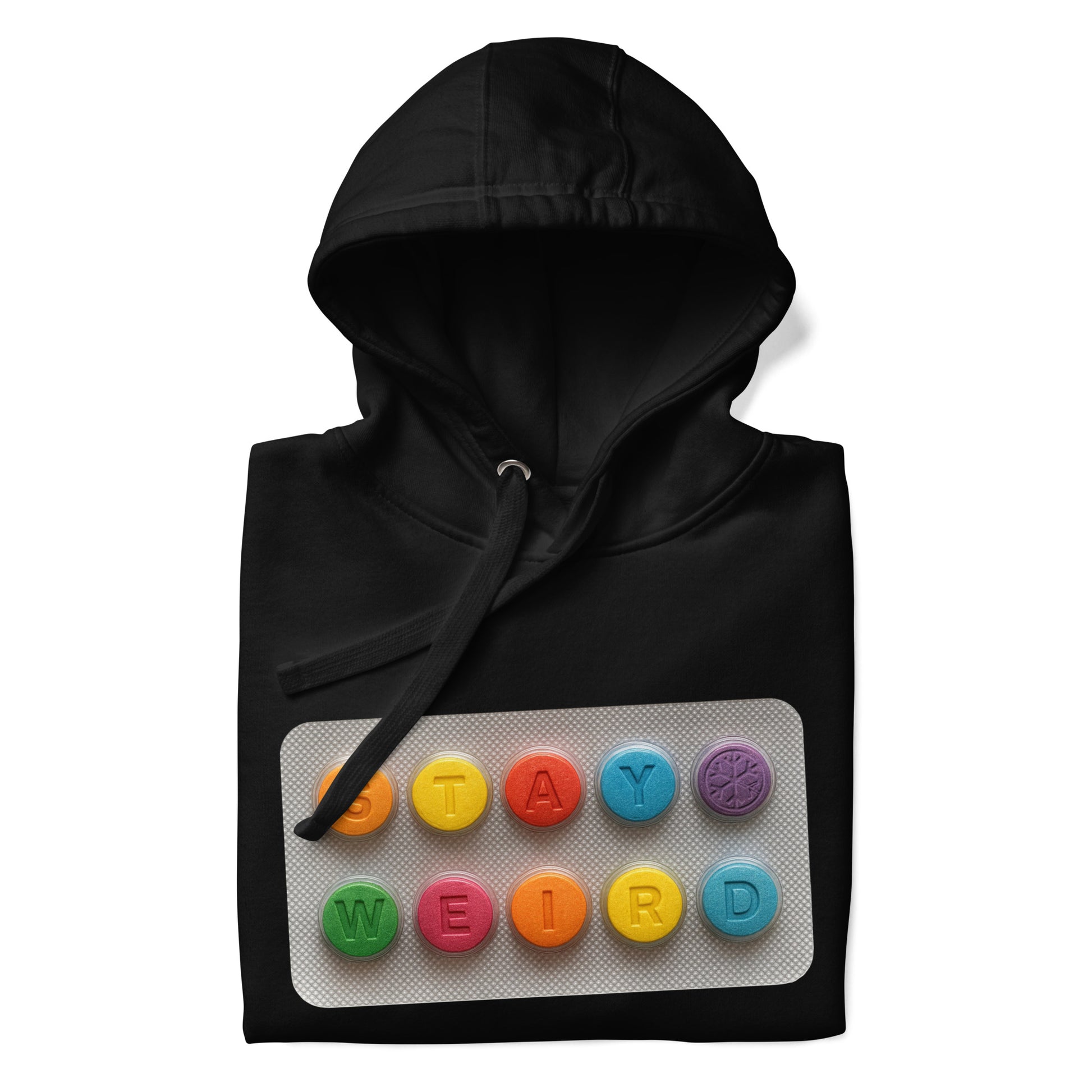 Black-Stay Weird Pills Hoodie from B.Different Clothing, folded, graffiti-inspired streetwear