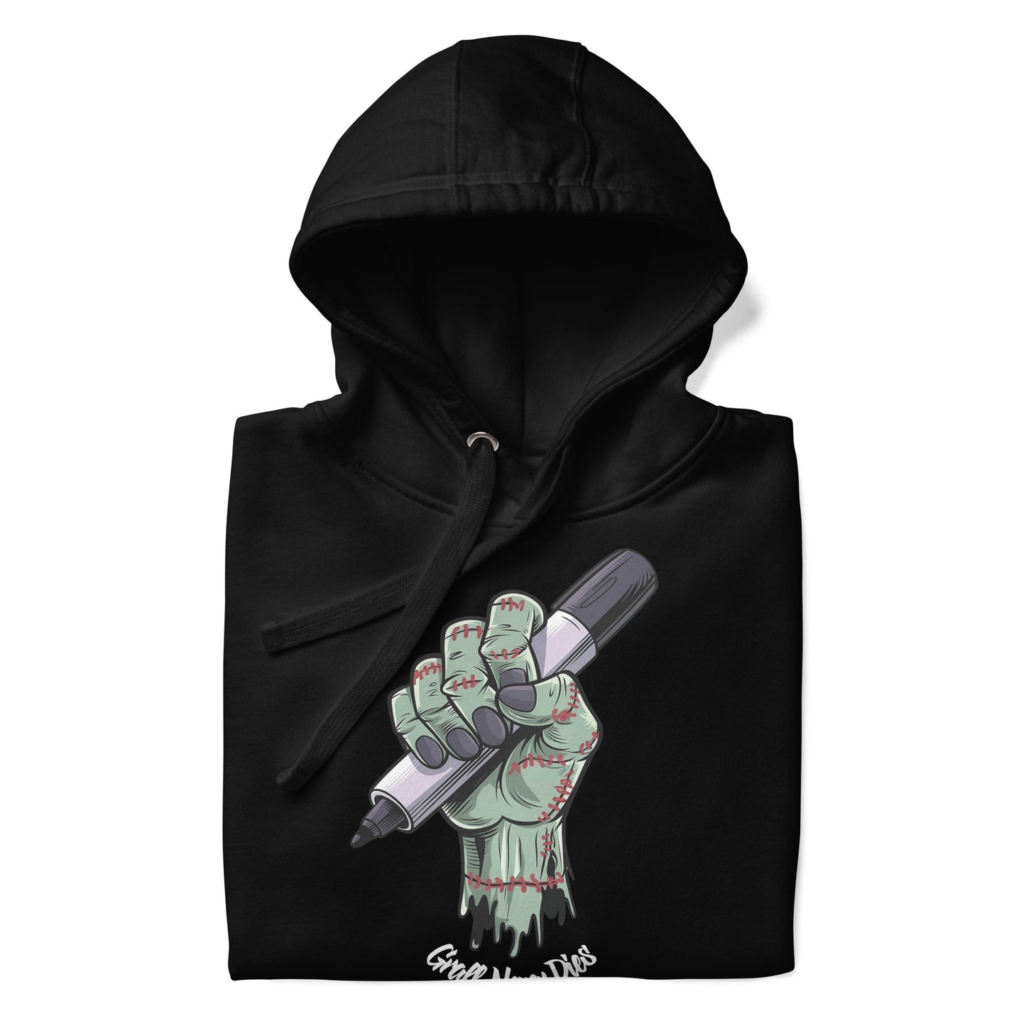 Black-Thing Graffiti Hoodie from B.Different Clothing, folded, graffiti-inspired streetwear