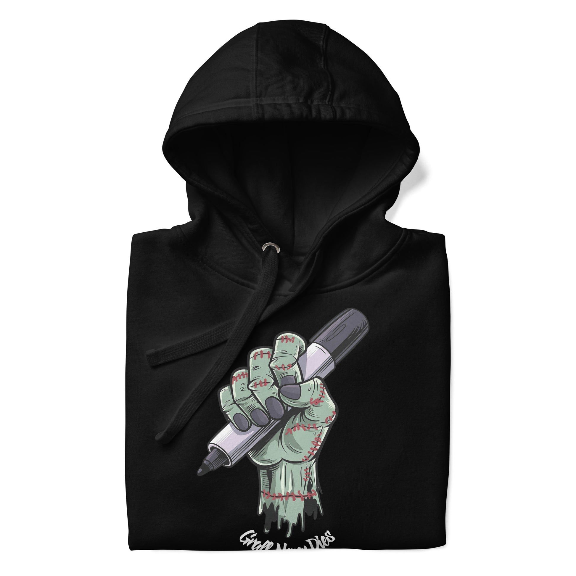 Black-Thing Graffiti Hoodie from B.Different Clothing, folded, graffiti-inspired streetwear