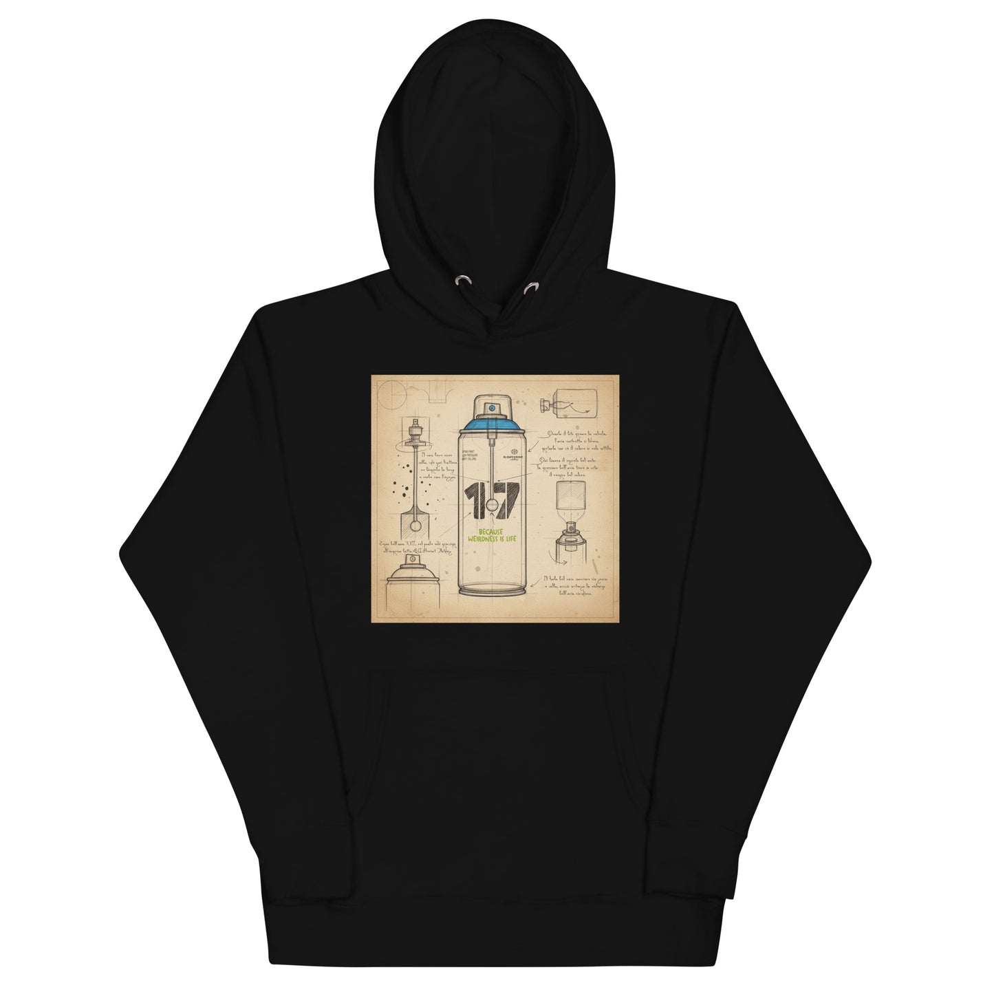 Black-Spray Can Sketch Graffiti Hoodie from B.Different Clothing, front view, graffiti-inspired streetwear