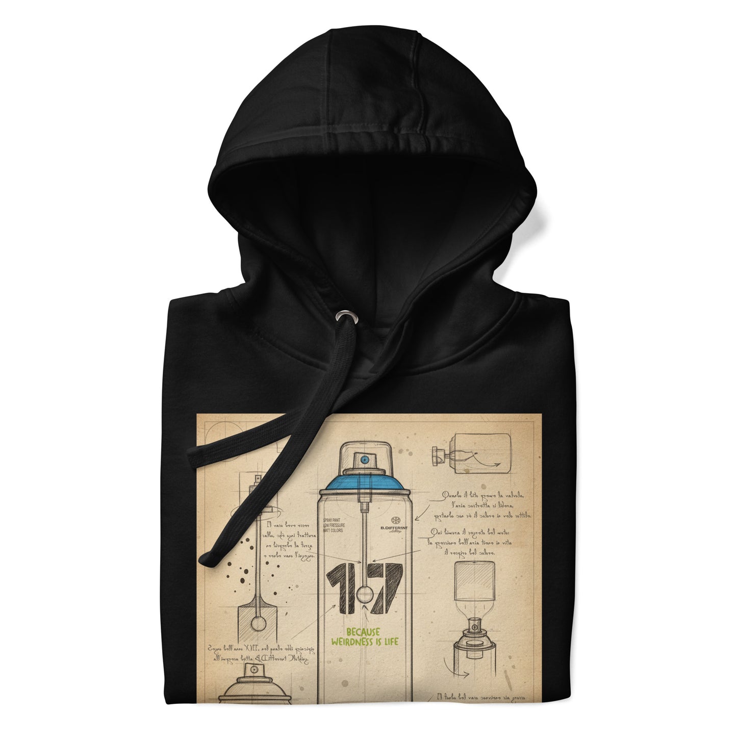 Black-Spray Can Sketch Graffiti Hoodie from B.Different Clothing, folded, graffiti-inspired streetwear