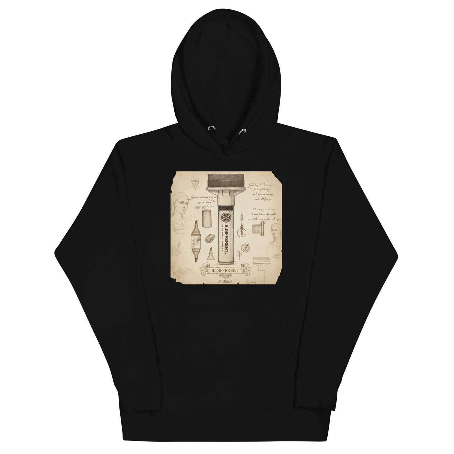 Black-Marker Sketch Graffiti Hoodie from B.Different Clothing, front view, graffiti-inspired streetwear