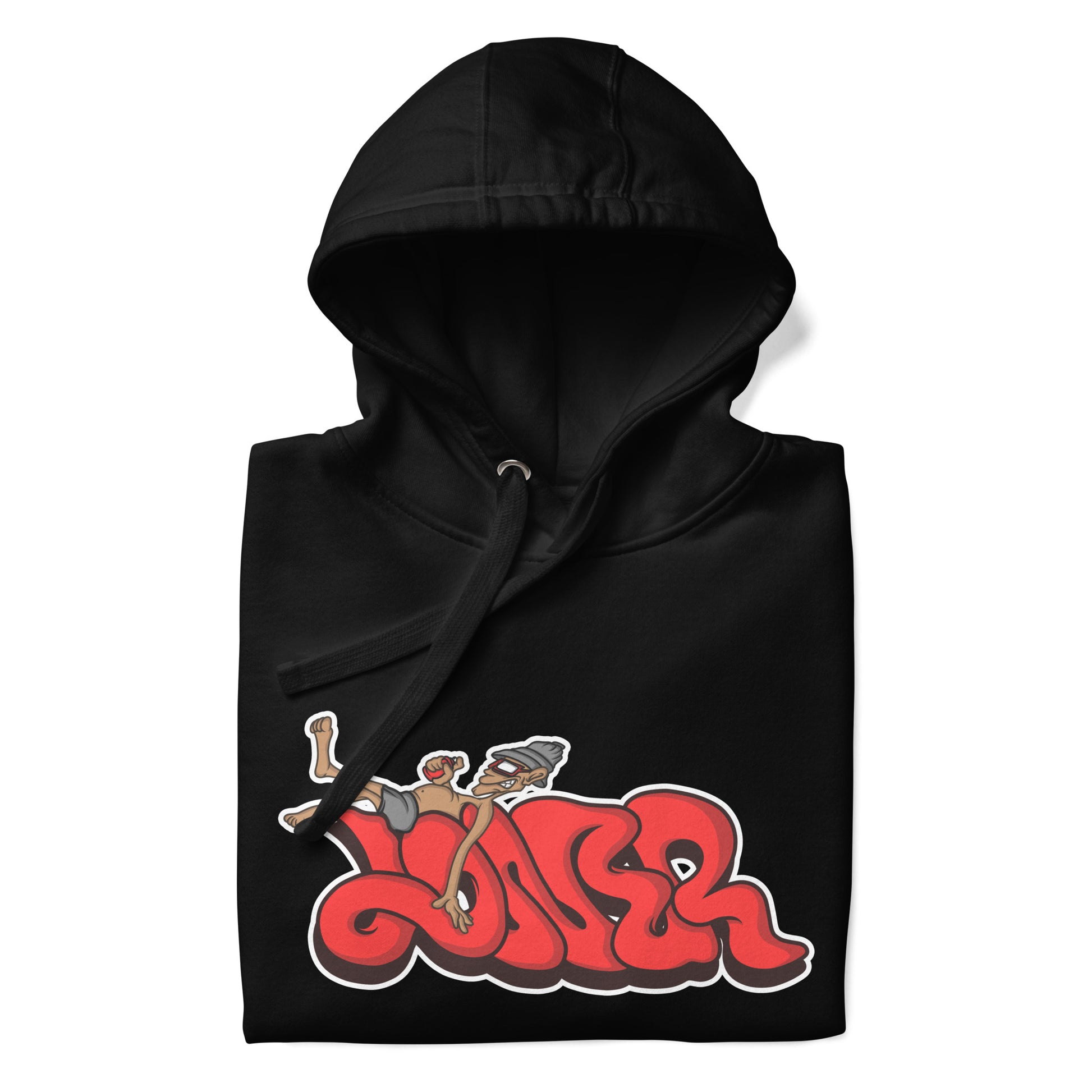 Black-Loner Graffiti Piece Hoodie from B.Different Clothing, folded, graffiti-inspired streetwear
