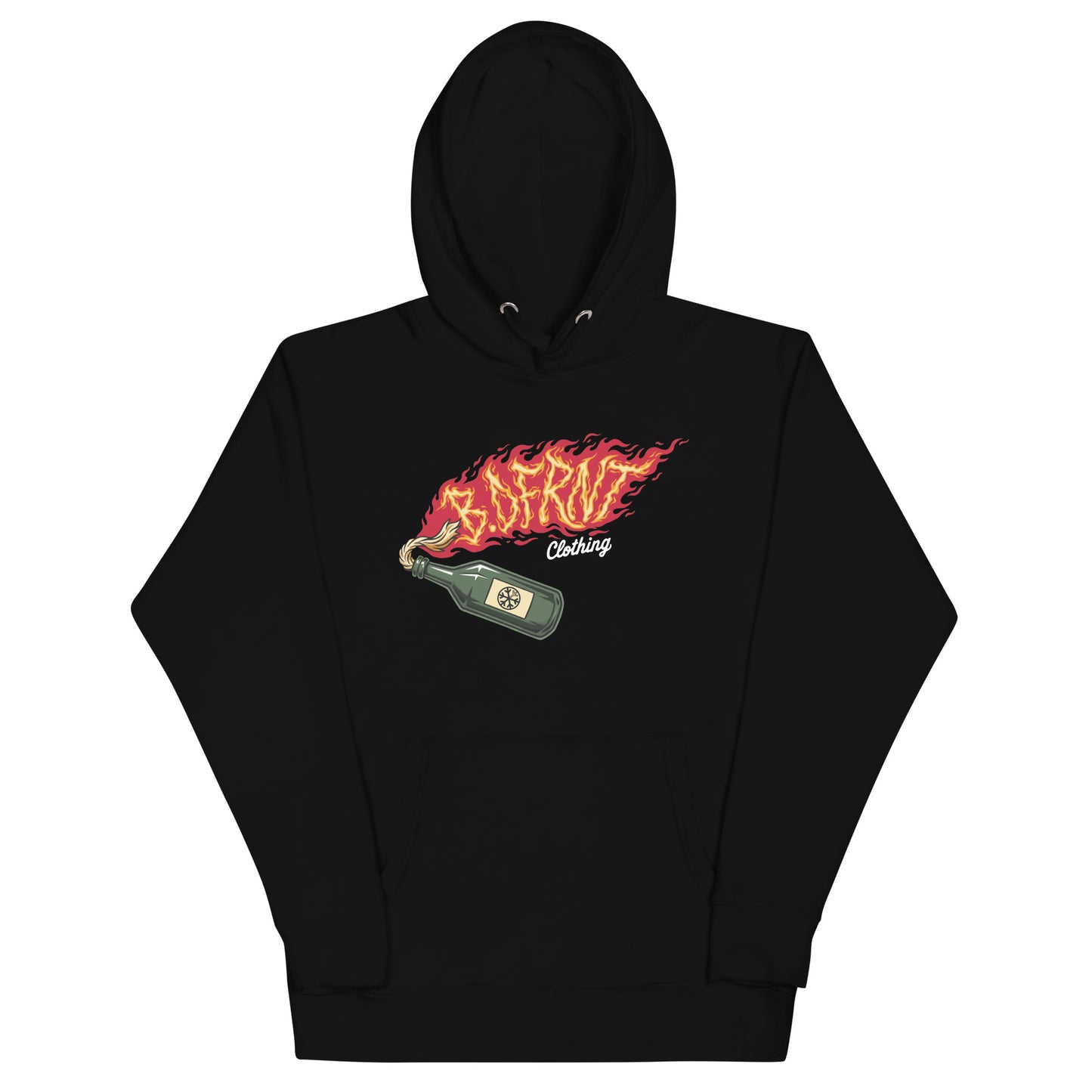 Black-Molotov Graffiti Hoodie from B.Different Clothing, front view, graffiti-inspired streetwear