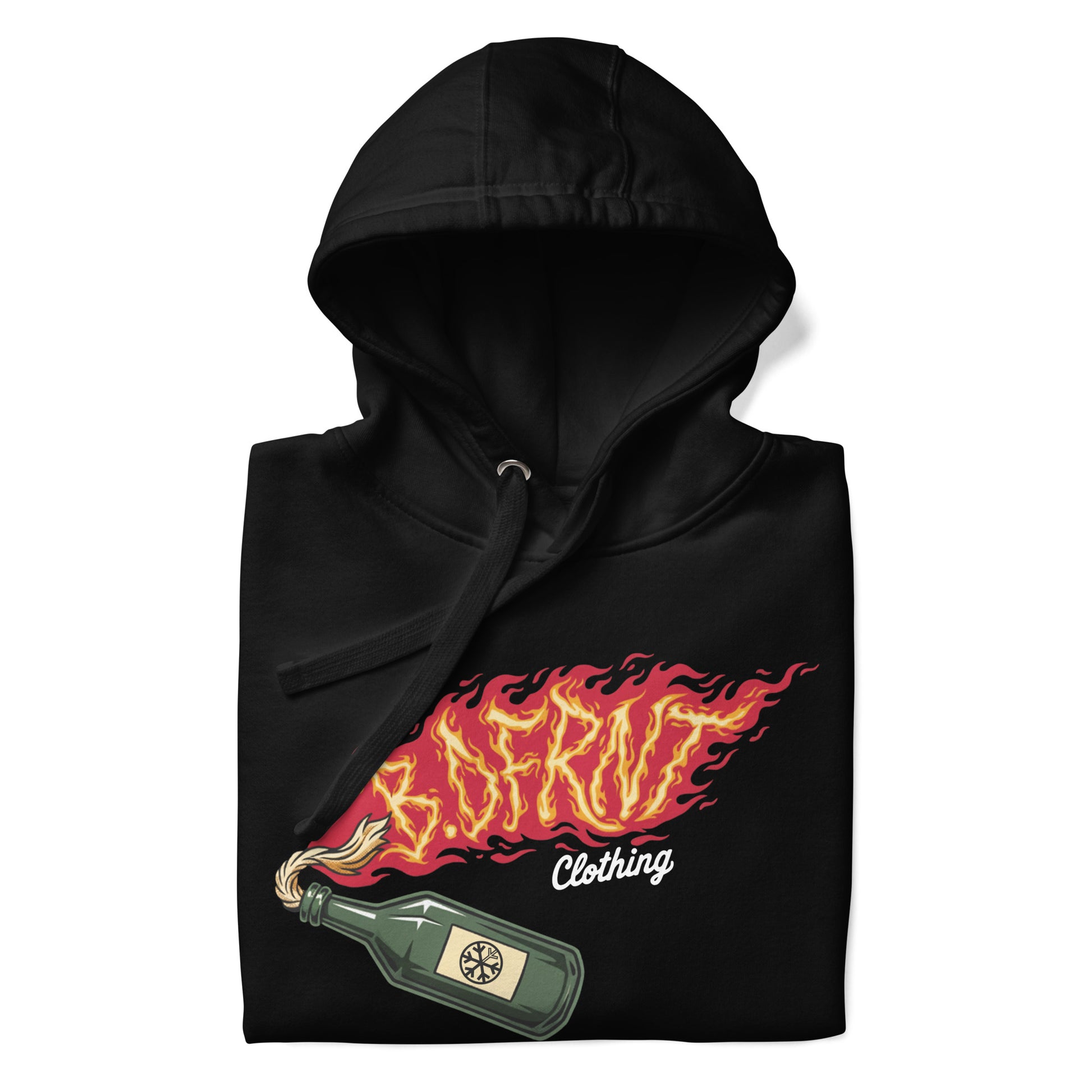 Black-Molotov Graffiti Hoodie from B.Different Clothing, folded, graffiti-inspired streetwear