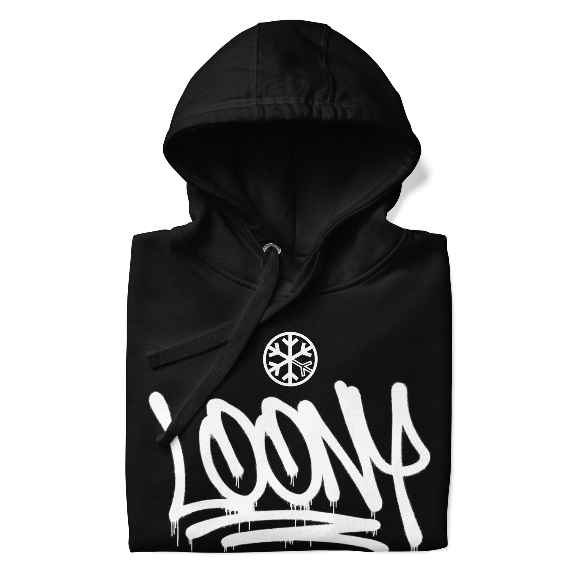Black-Loony Graffiti Tag Hoodie from B.Different Clothing, folded, graffiti-inspired streetwear