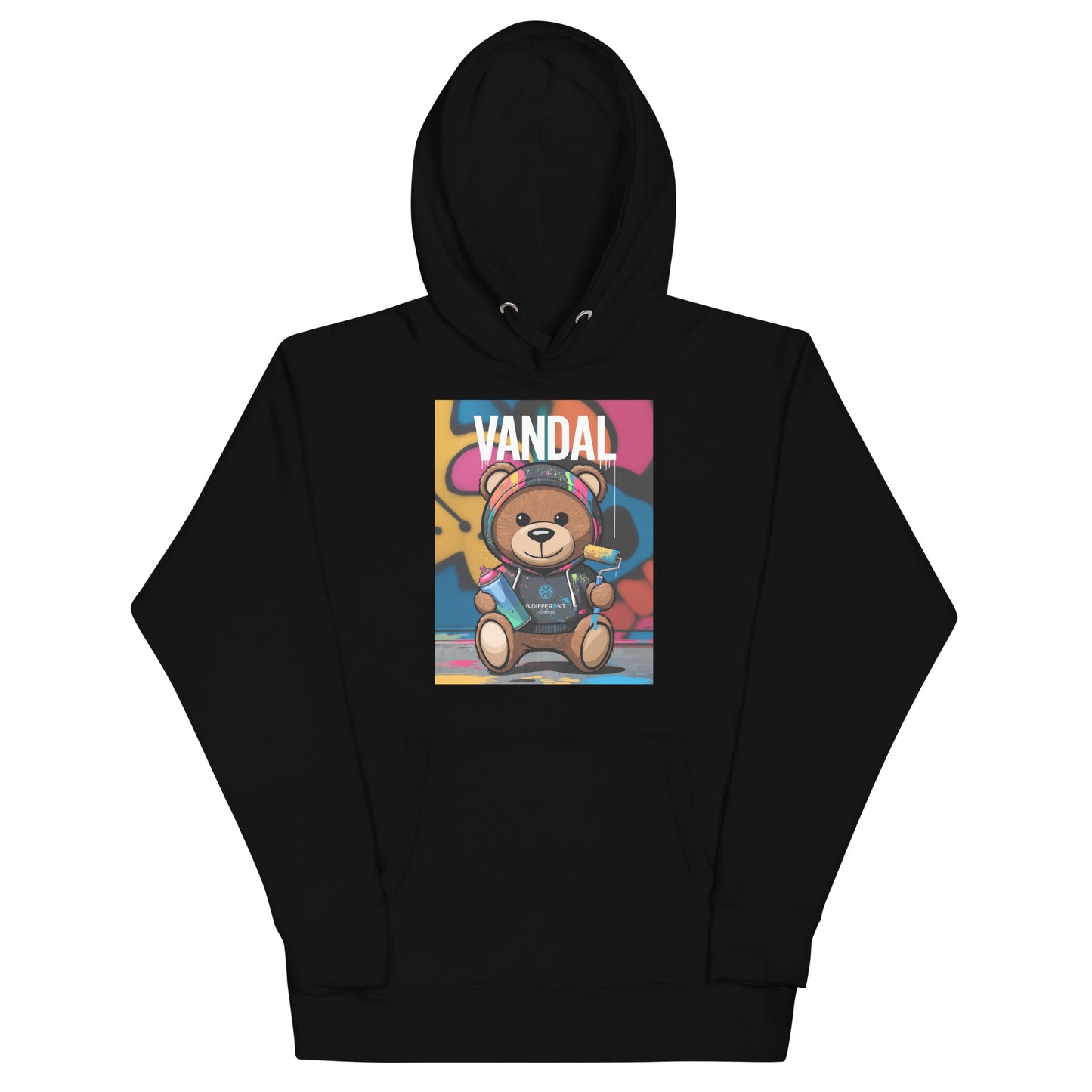 Black-Vandal Teddy Bear Graffiti Hoodie from B.Different Clothing, front view, graffiti-inspired streetwear