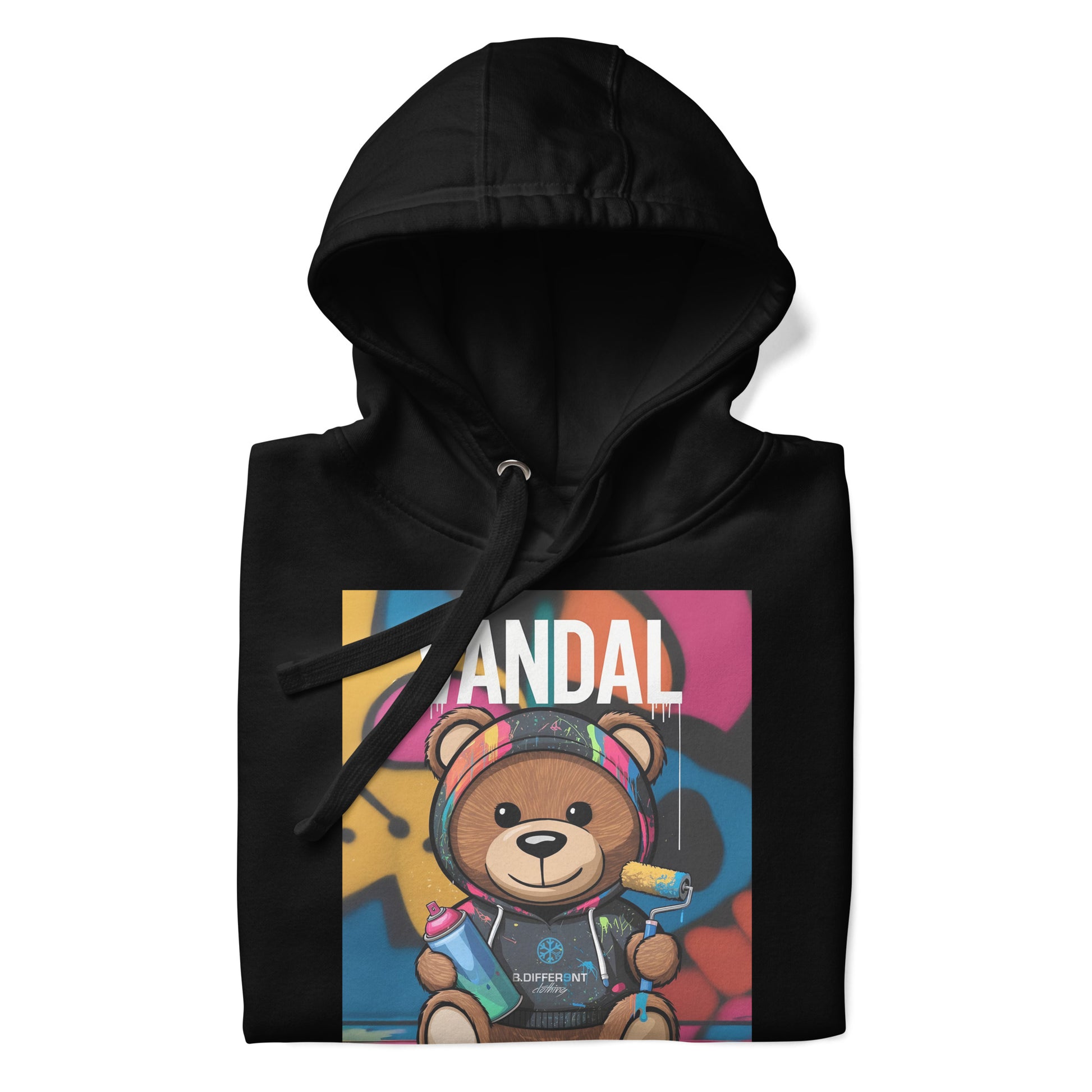 Black-Vandal Teddy Bear Graffiti Hoodie from B.Different Clothing, folded, graffiti-inspired streetwear