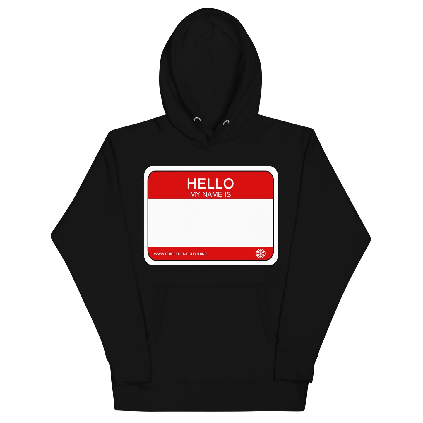 Black-Hello My Name Is Sticker Graffiti Hoodie from B.Different Clothing, front view, graffiti-inspired streetwear