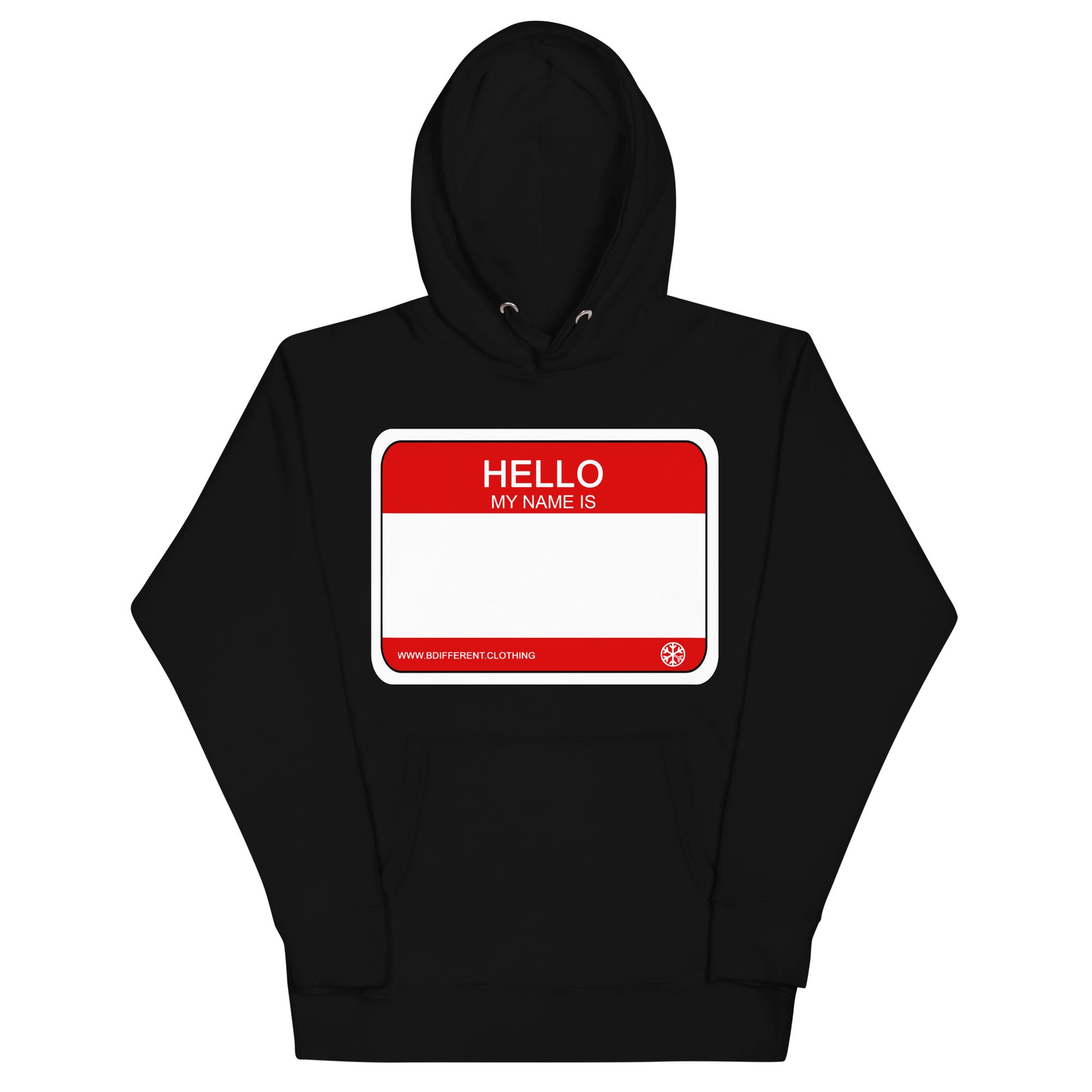 Black-Hello My Name Is Sticker Graffiti Hoodie from B.Different Clothing, front view, graffiti-inspired streetwear