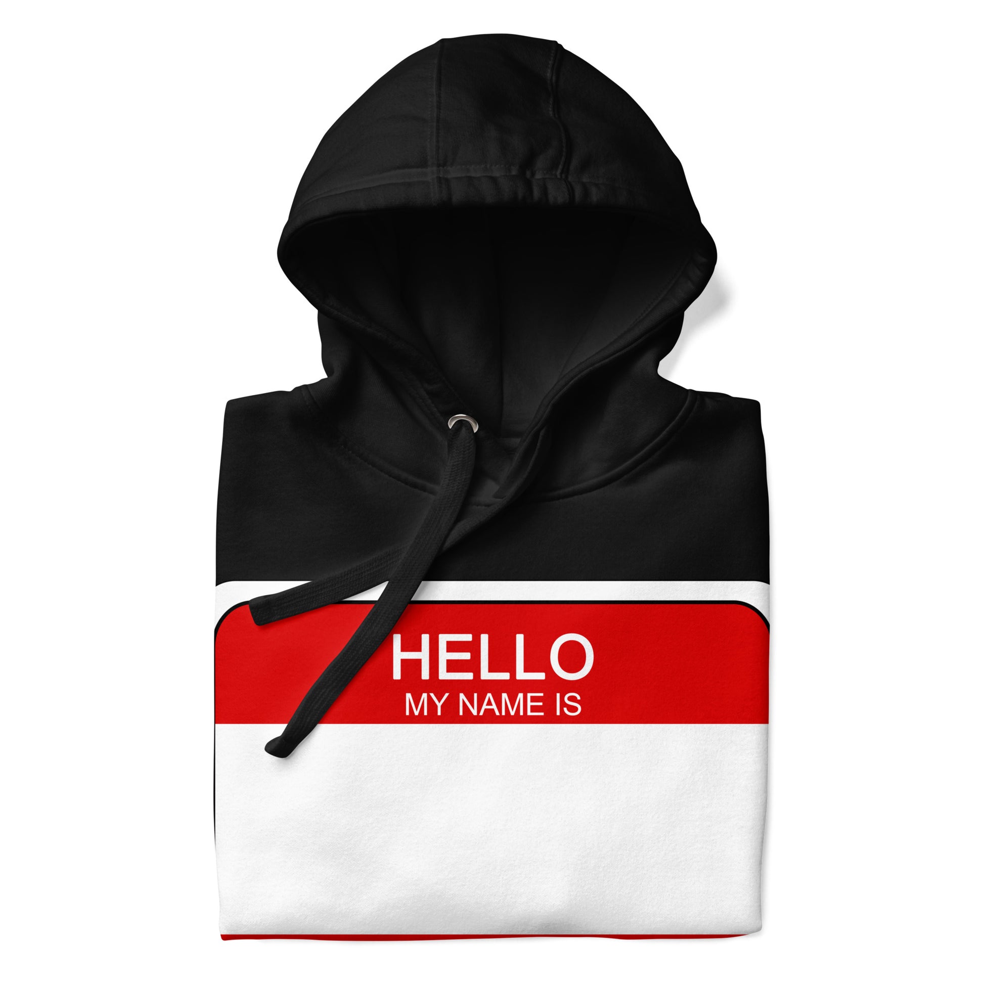 Black-Hello My Name Is Sticker Graffiti Hoodie from B.Different Clothing, folded, graffiti-inspired streetwear