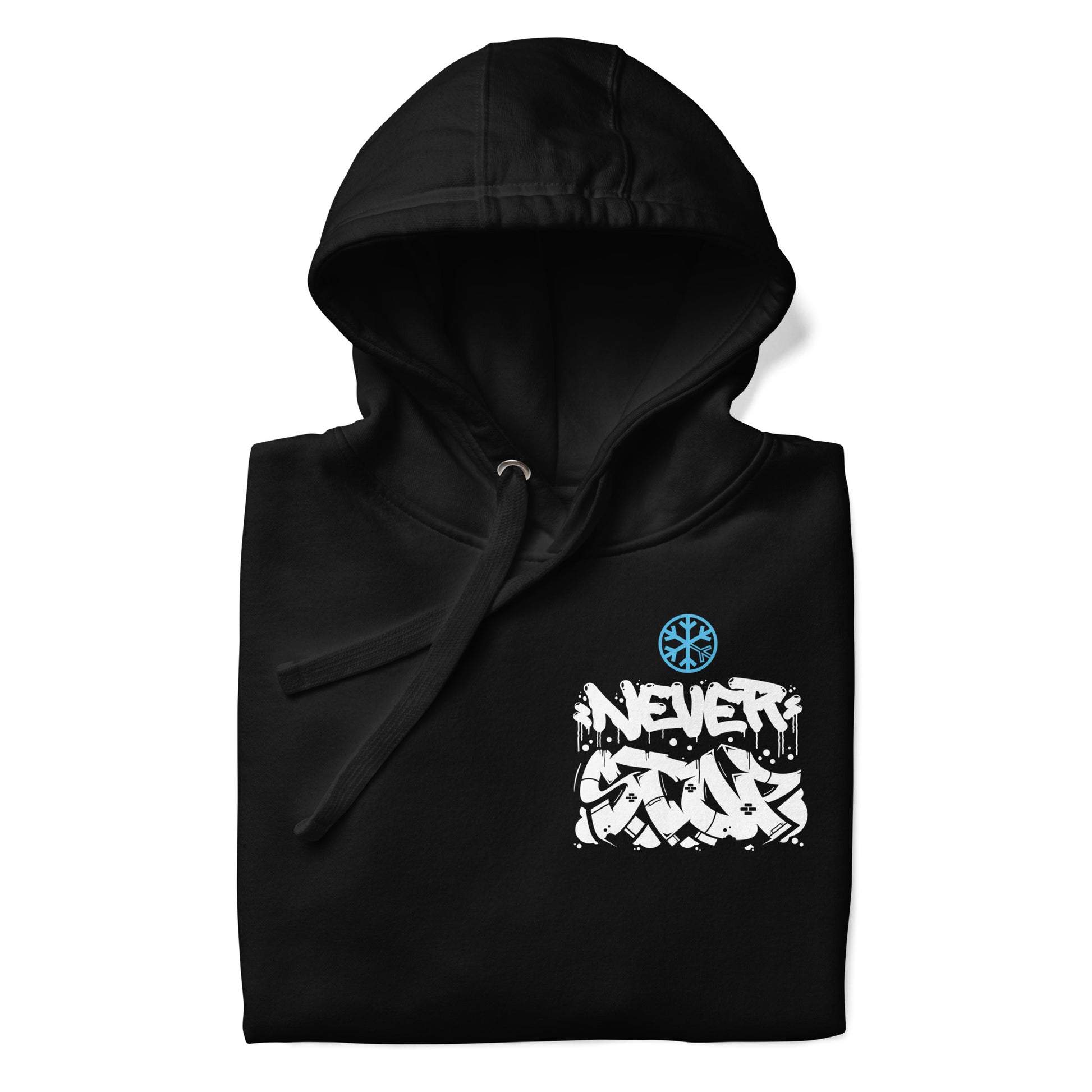 Black-Never Stop Graffiti Character Hoodie from B.Different Clothing, folded, graffiti-inspired streetwear