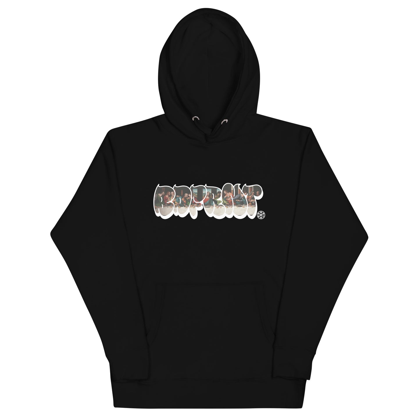 Black-BDFRNT Throwie x Last Supper Graffiti Hoodie from B.Different Clothing, front view, graffiti-inspired streetwear