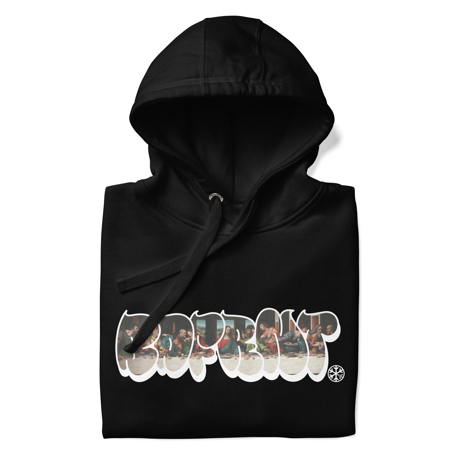 Black-BDFRNT Throwie x Last Supper Graffiti Hoodie from B.Different Clothing, folded, graffiti-inspired streetwear