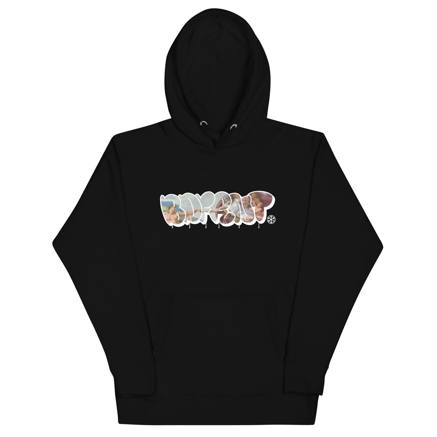 Black-BDFRNT Throwie x Creation of Adam Graffiti Hoodie from B.Different Clothing, front view, graffiti-inspired streetwear