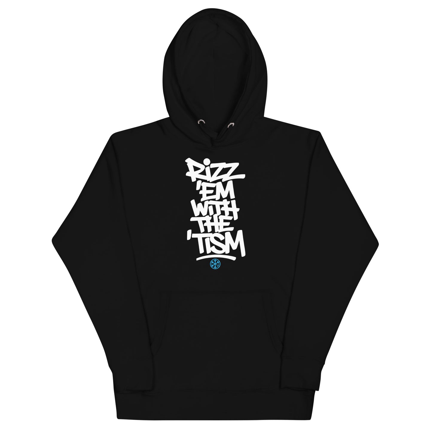 Black-Rizz 'Em With The 'Tism Graffiti Hoodie from B.Different Clothing, front view, graffiti-inspired streetwear