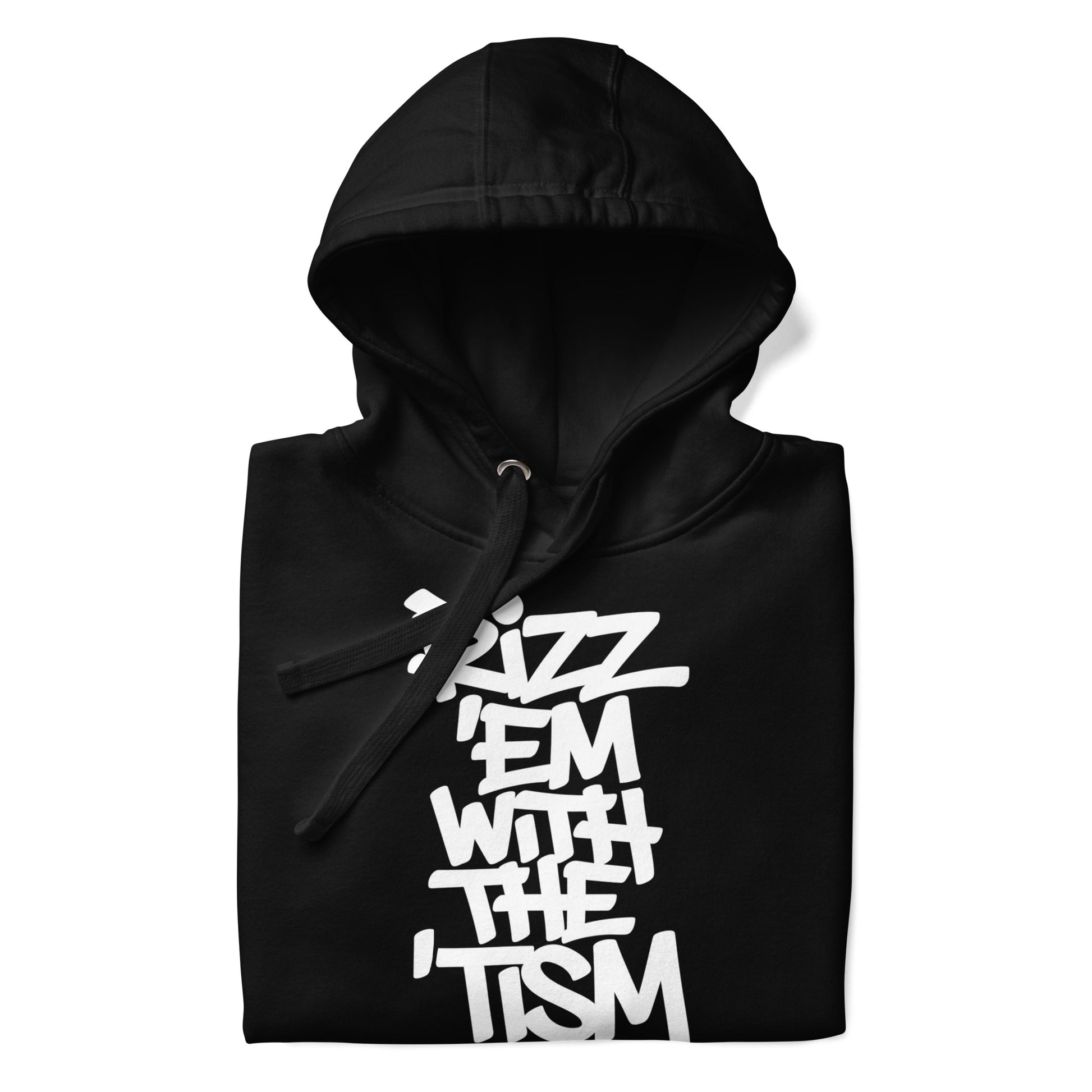 Black-Rizz 'Em With The 'Tism Graffiti Hoodie from B.Different Clothing, folded, graffiti-inspired streetwear