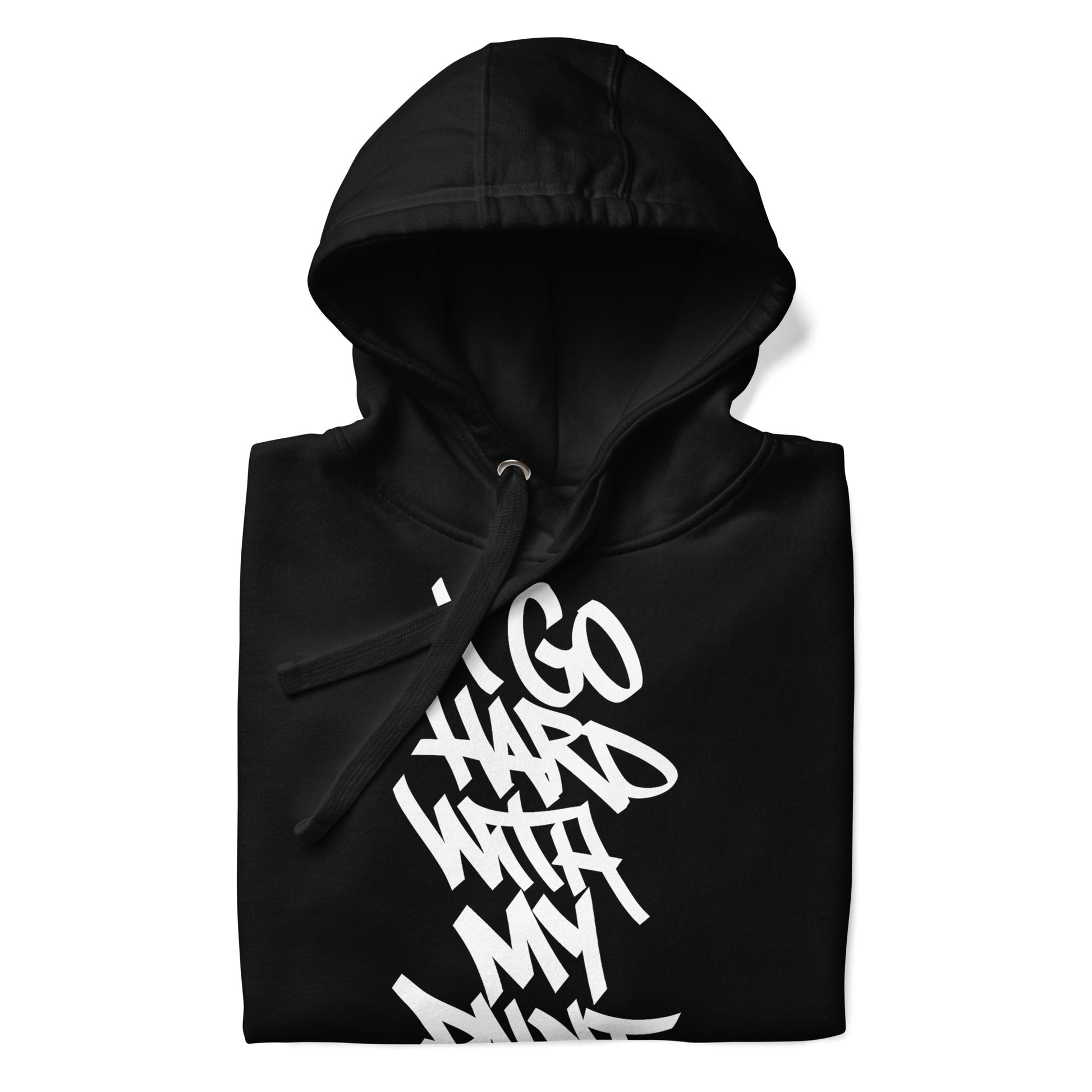 Black-I Go Hard With My Paint Graffiti Hoodie from B.Different Clothing, folded, graffiti-inspired streetwear