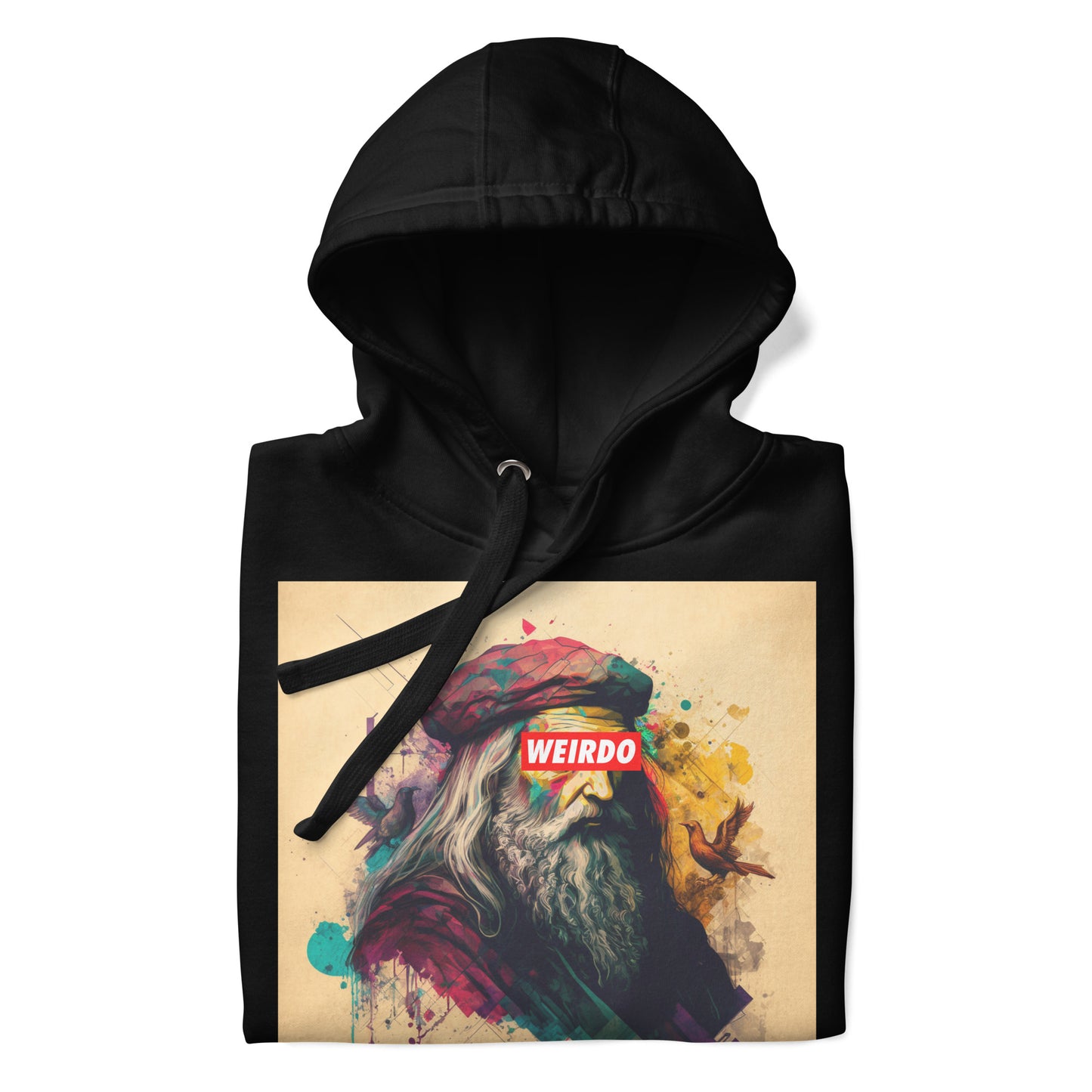 Black-Leonardo da Vinci Hoodie from B.Different Clothing, folded, graffiti-inspired streetwear