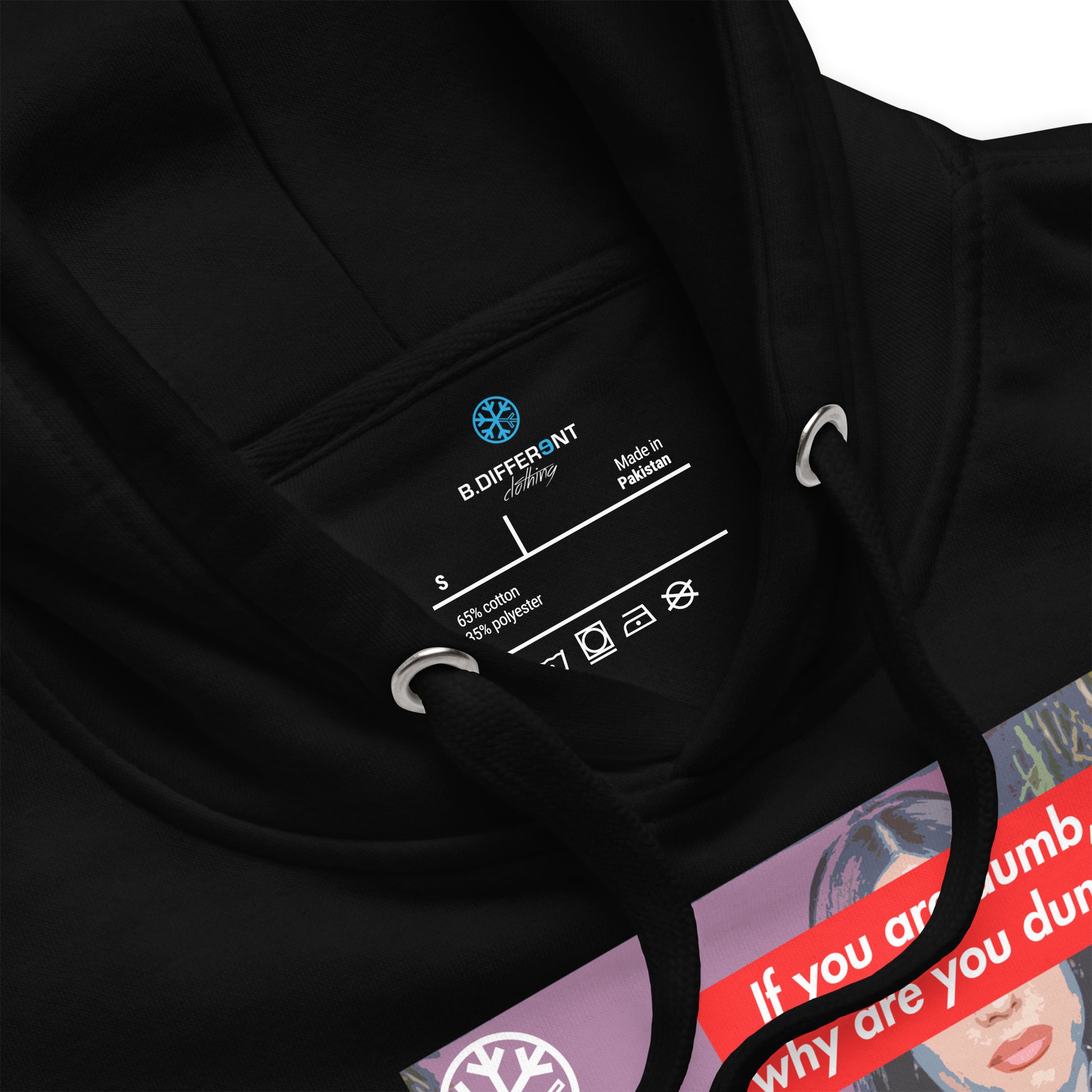 Black-Why Are You Dumb Hoodie from B.Different Clothing, collar, graffiti-inspired streetwear