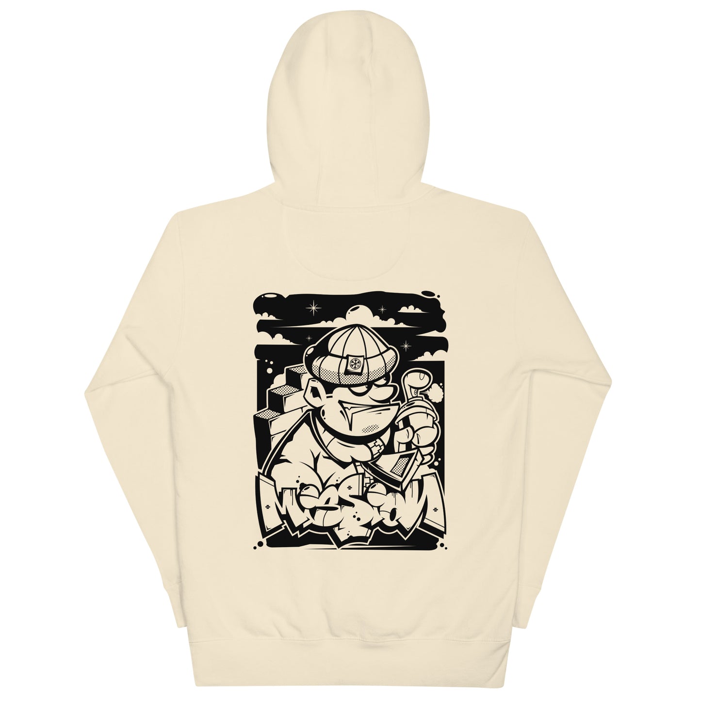 Beige-Mission Graffiti Character Hoodie from B.Different Clothing, back view, graffiti-inspired streetwear