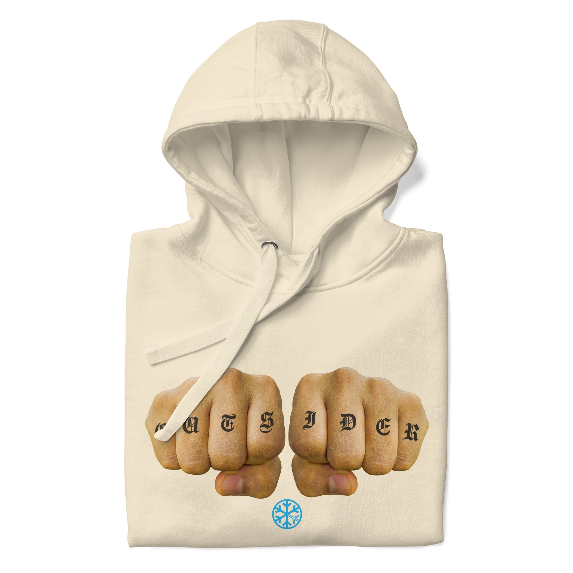 Beige-Outsider Tattoo Hoodie from B.Different Clothing, folded, graffiti-inspired streetwear