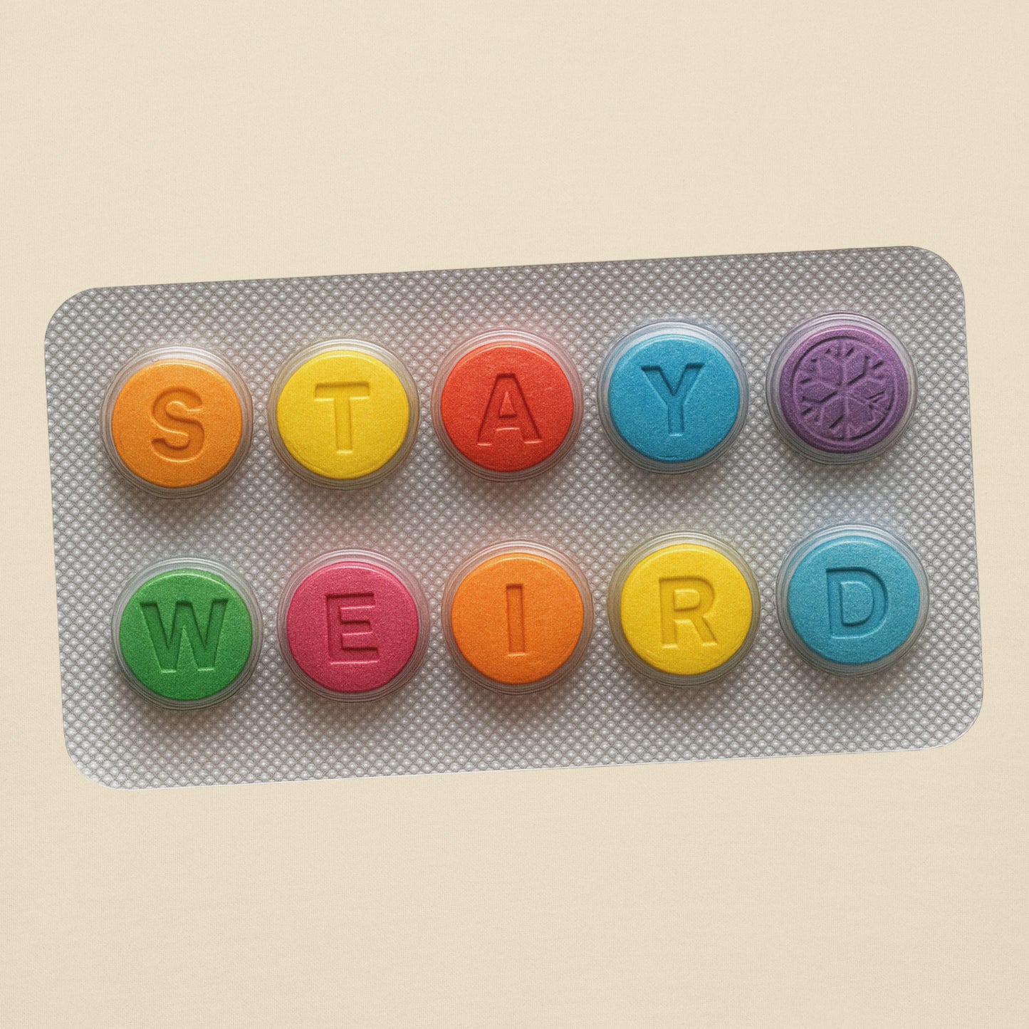 Beige-Stay Weird Pills Hoodie from B.Different Clothing, graphic, graffiti-inspired streetwear