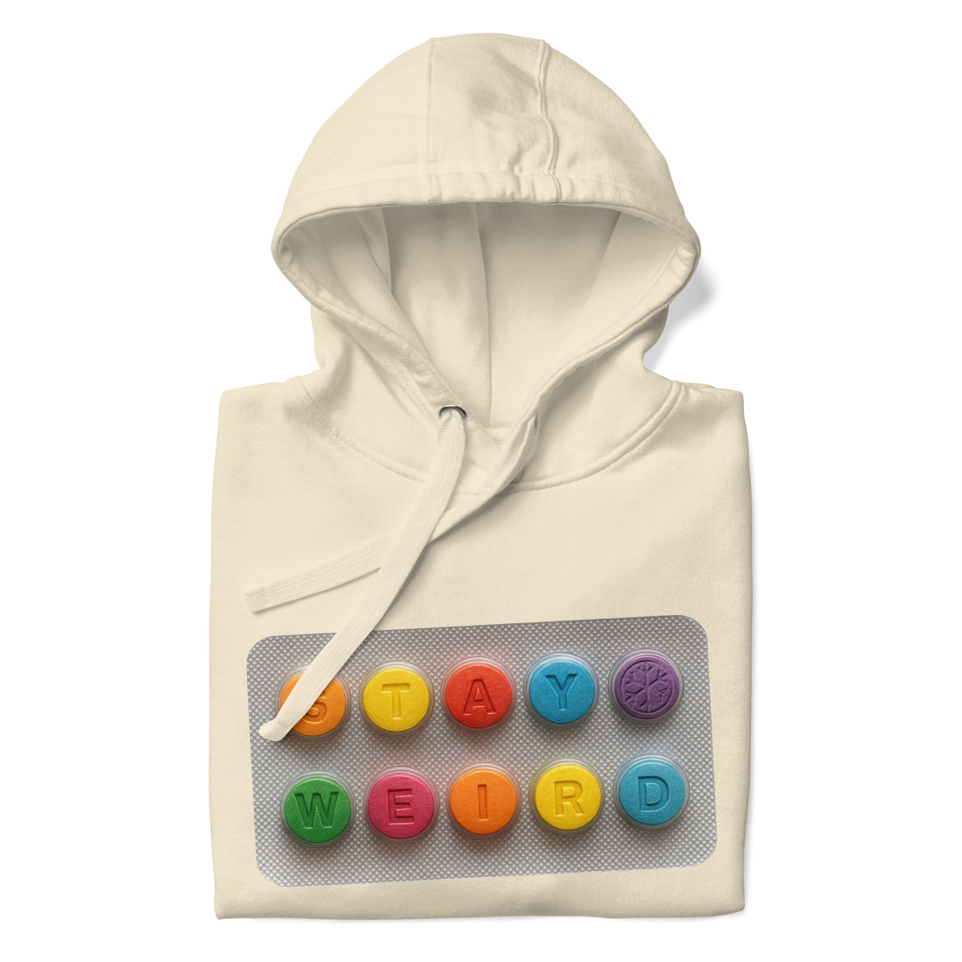 Beige-Stay Weird Pills Hoodie from B.Different Clothing, folded, graffiti-inspired streetwear