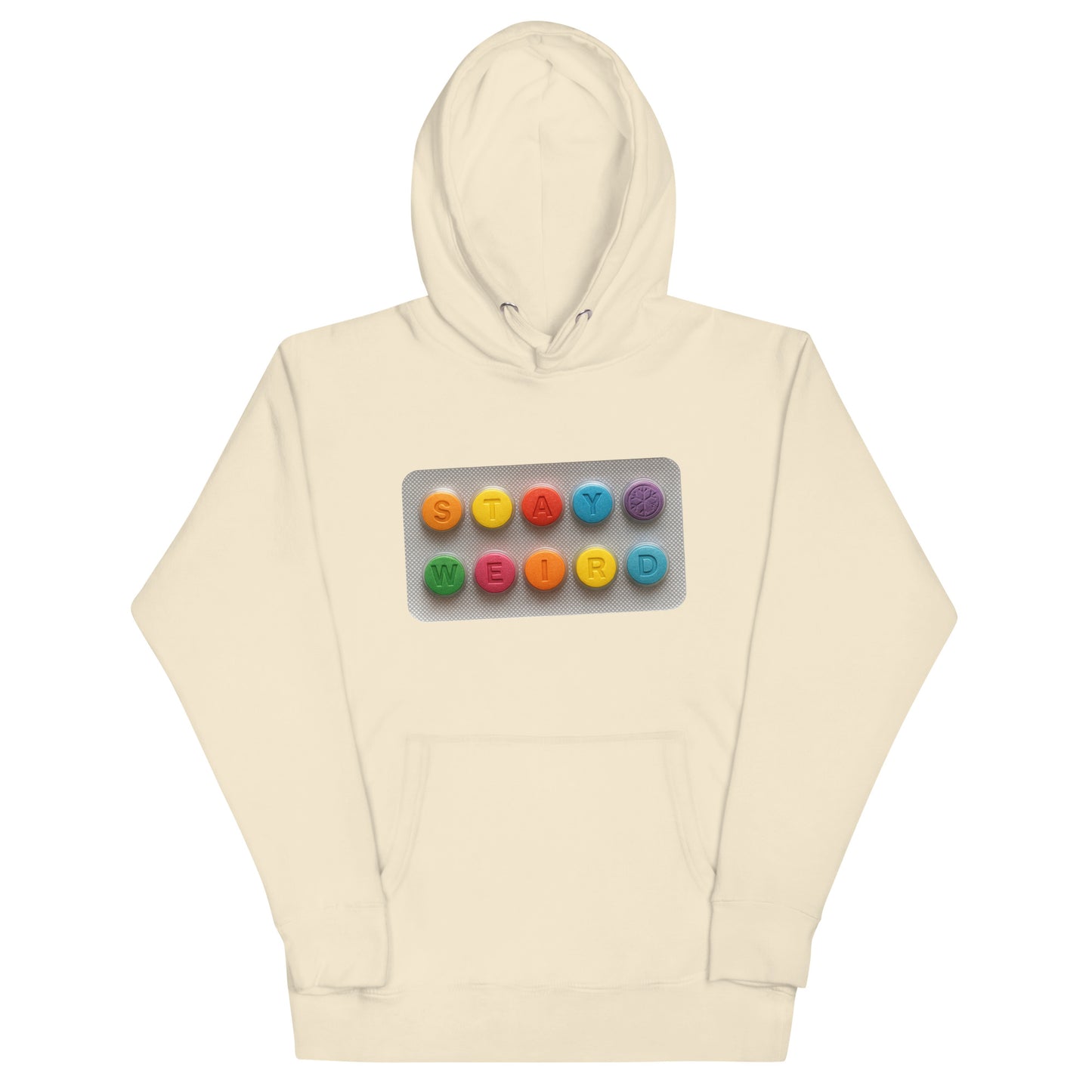 Beige-Stay Weird Pills Hoodie from B.Different Clothing, front view, graffiti-inspired streetwear