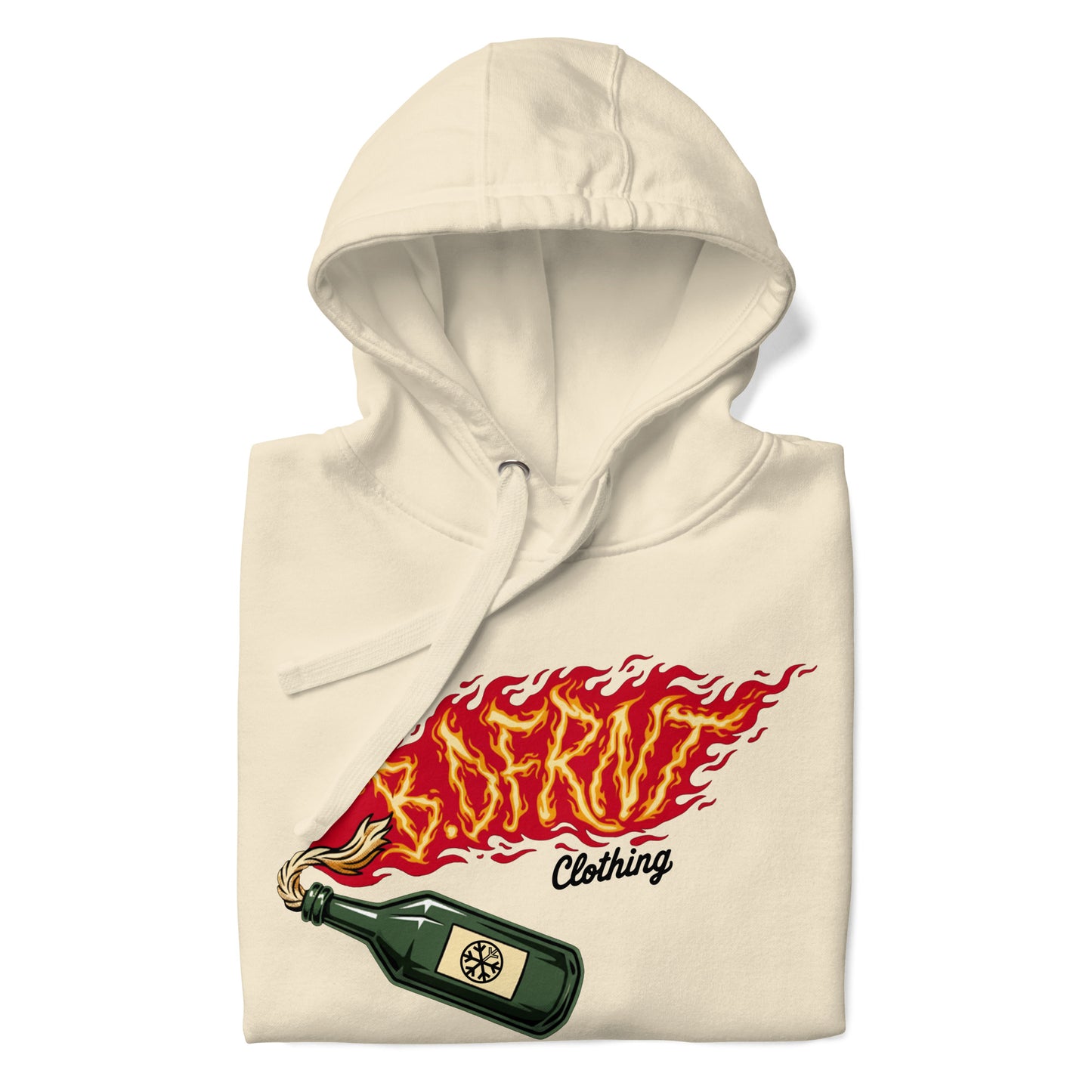 Beige-Molotov Graffiti Hoodie from B.Different Clothing, folded, graffiti-inspired streetwear