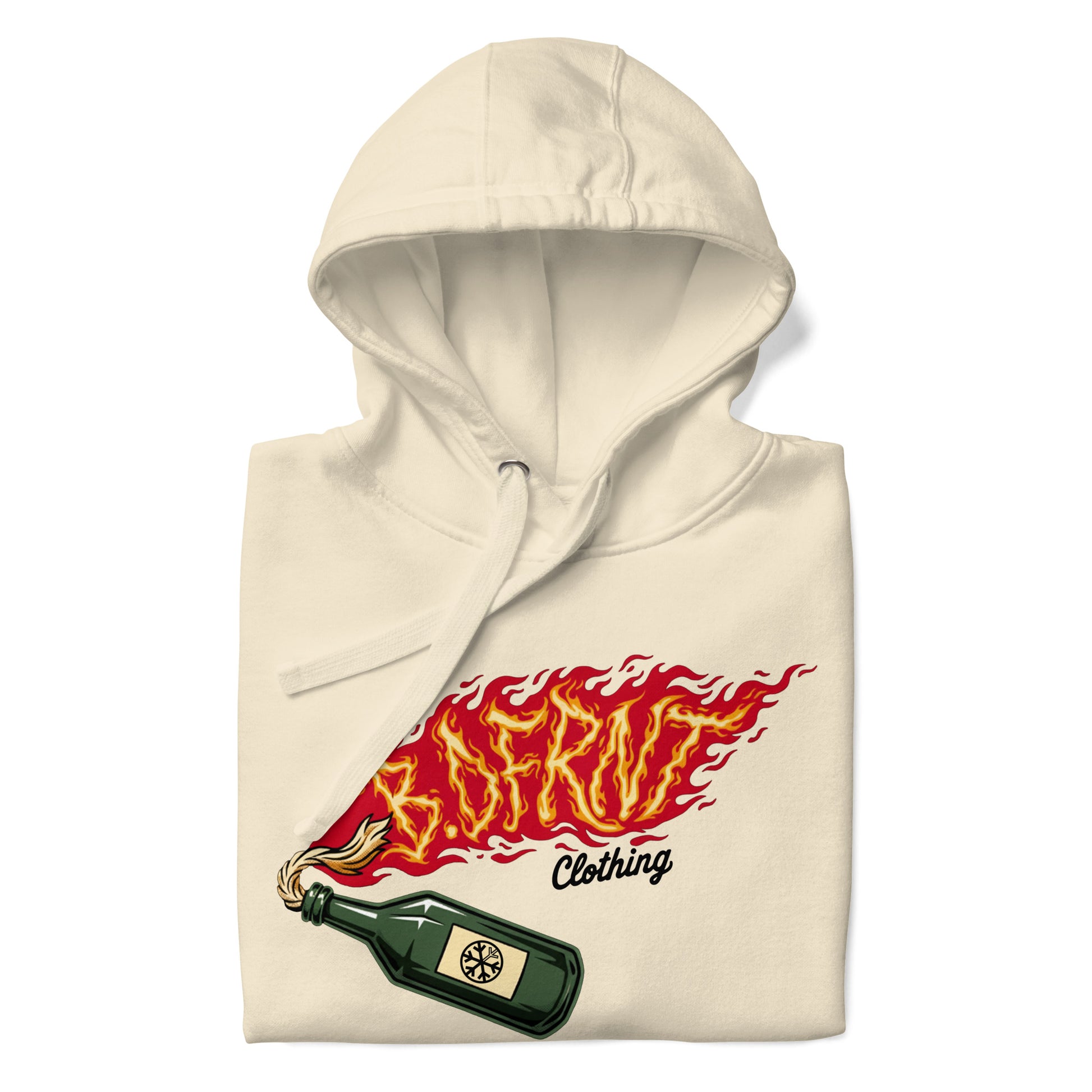 Beige-Molotov Graffiti Hoodie from B.Different Clothing, folded, graffiti-inspired streetwear