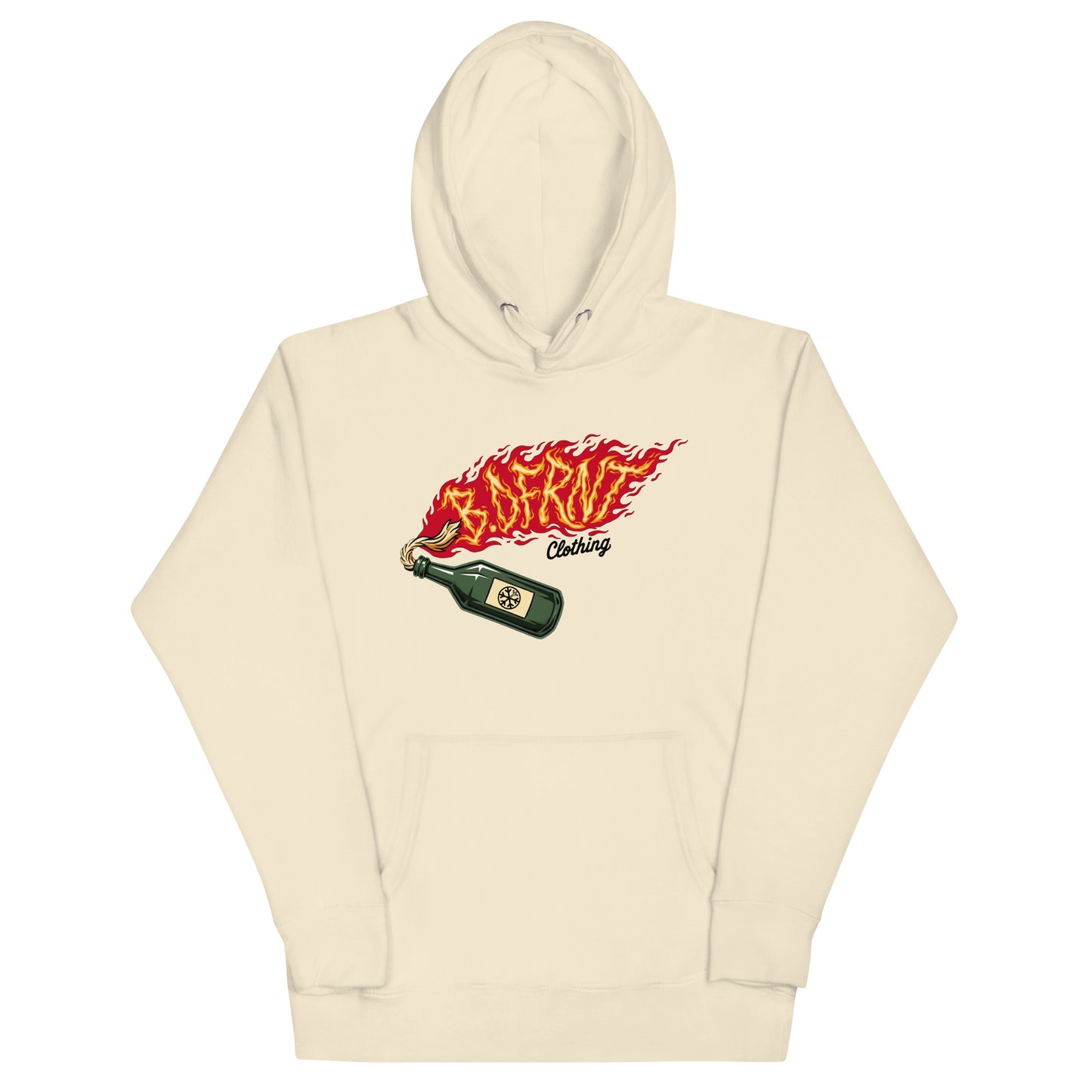 Beige-Molotov Graffiti Hoodie from B.Different Clothing, front view, graffiti-inspired streetwear