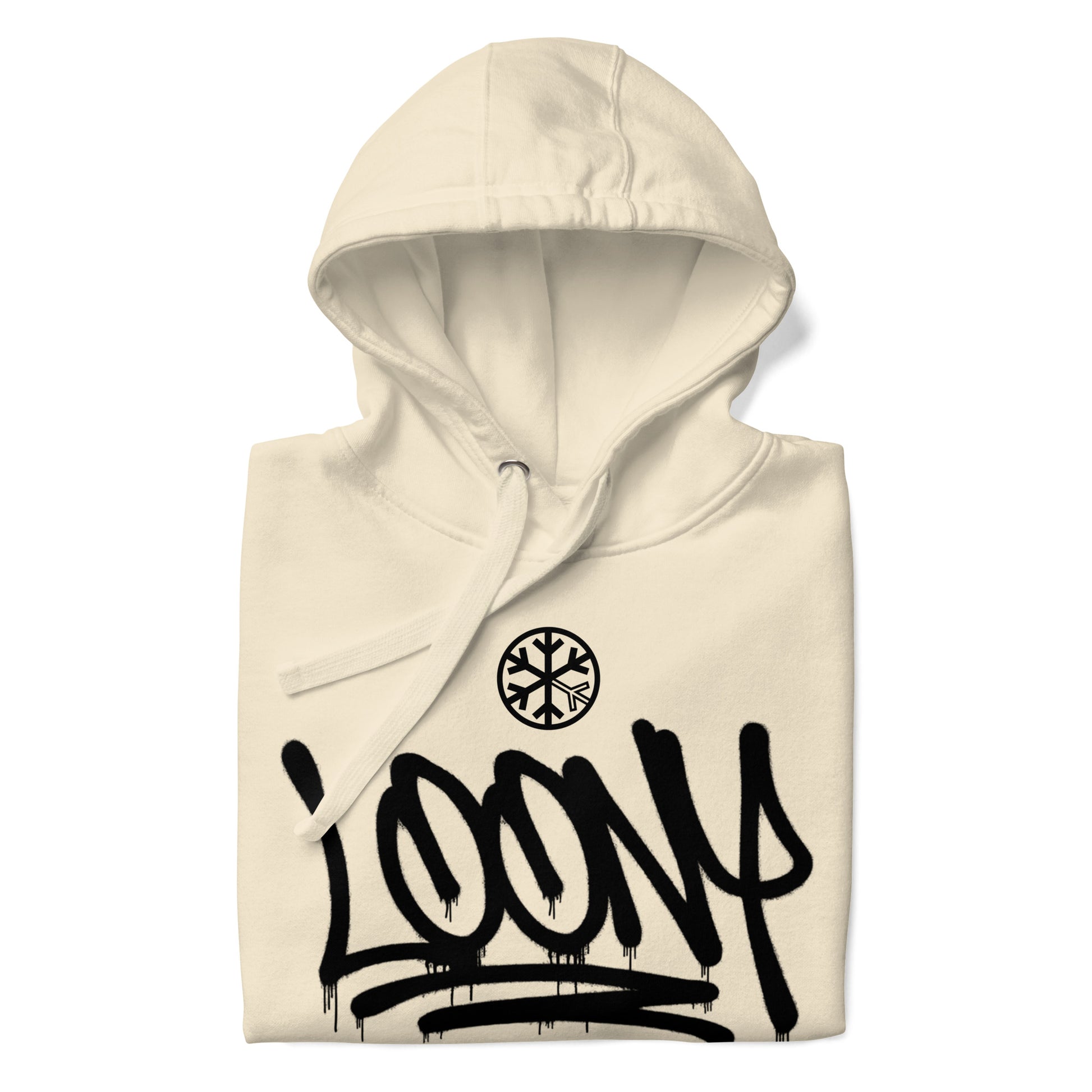 Beige-Loony Graffiti Tag Hoodie from B.Different Clothing, folded, graffiti-inspired streetwear