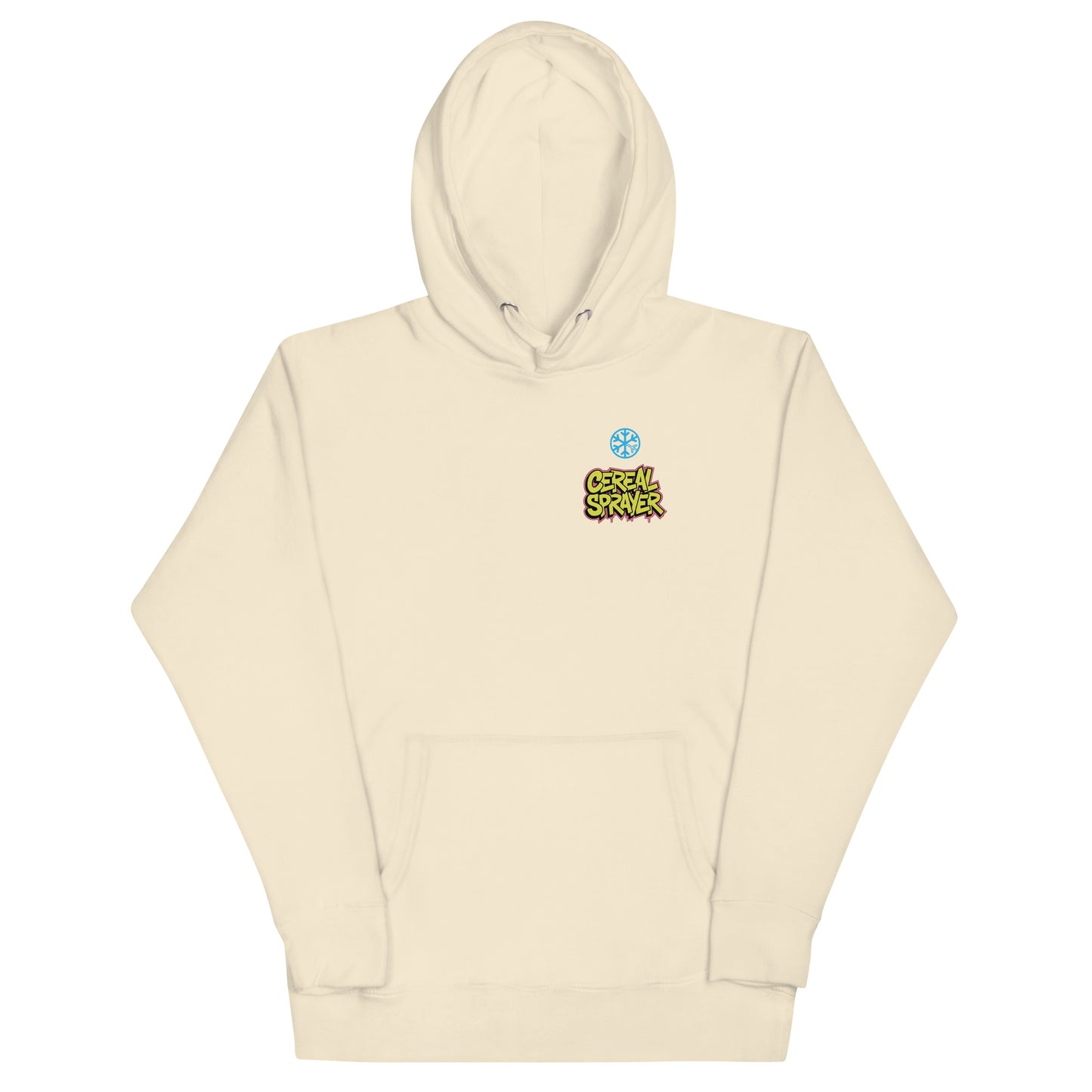 Beige-Cereal Sprayer Graffiti Hoodie from B.Different Clothing, front view, graffiti-inspired streetwear