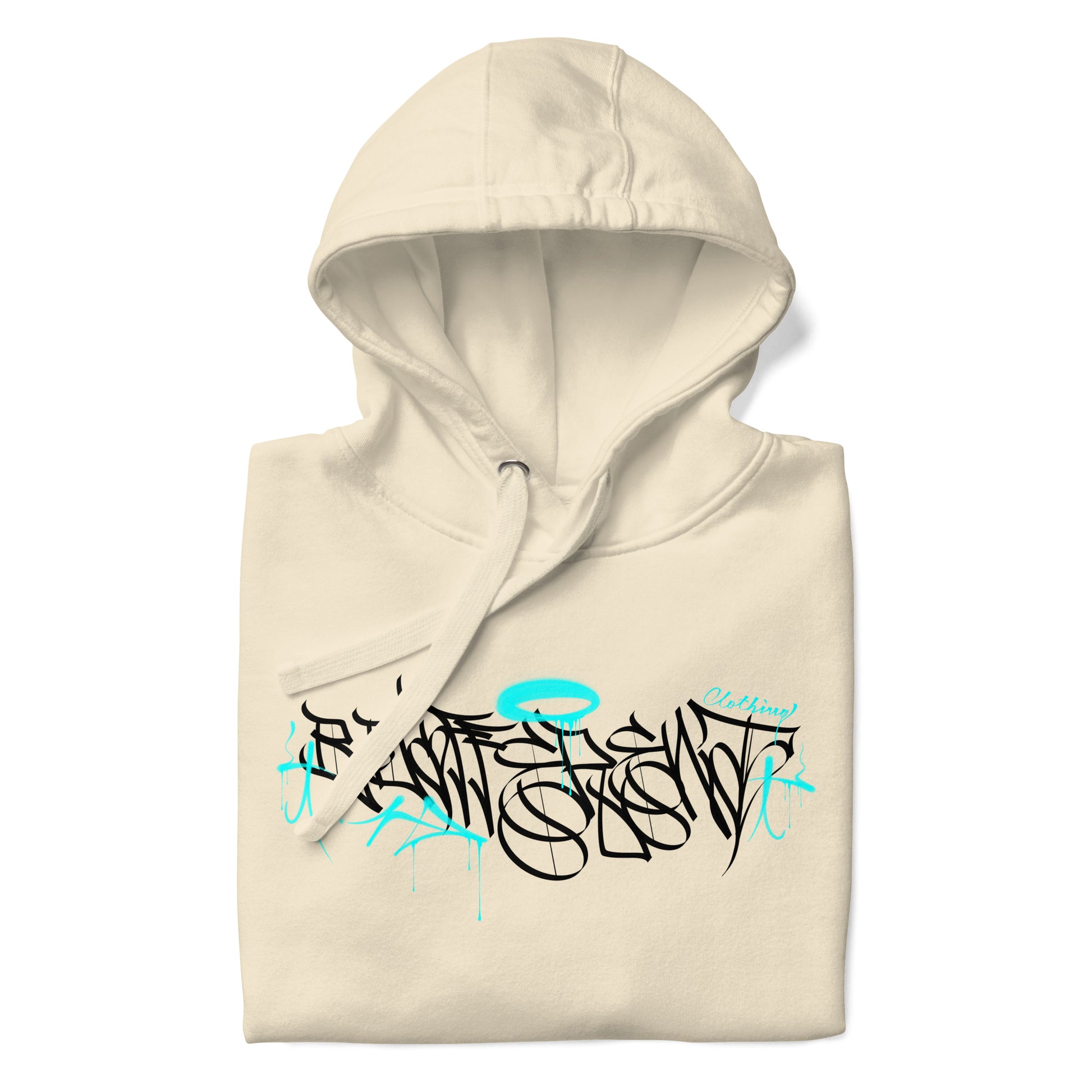 Beige-Caos One Collab Graffiti Hoodie from B.Different Clothing, folded, graffiti-inspired streetwear