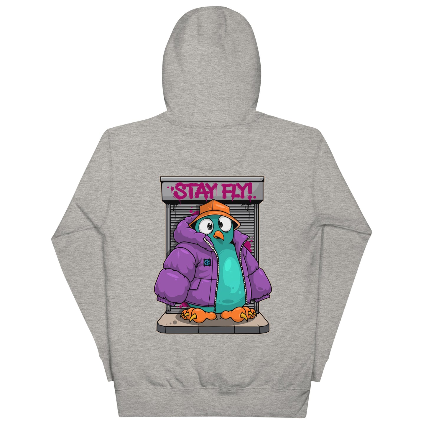 Gray-Stay Fly Graffiti Character Hoodie from B.Different Clothing, back view, graffiti-inspired streetwear