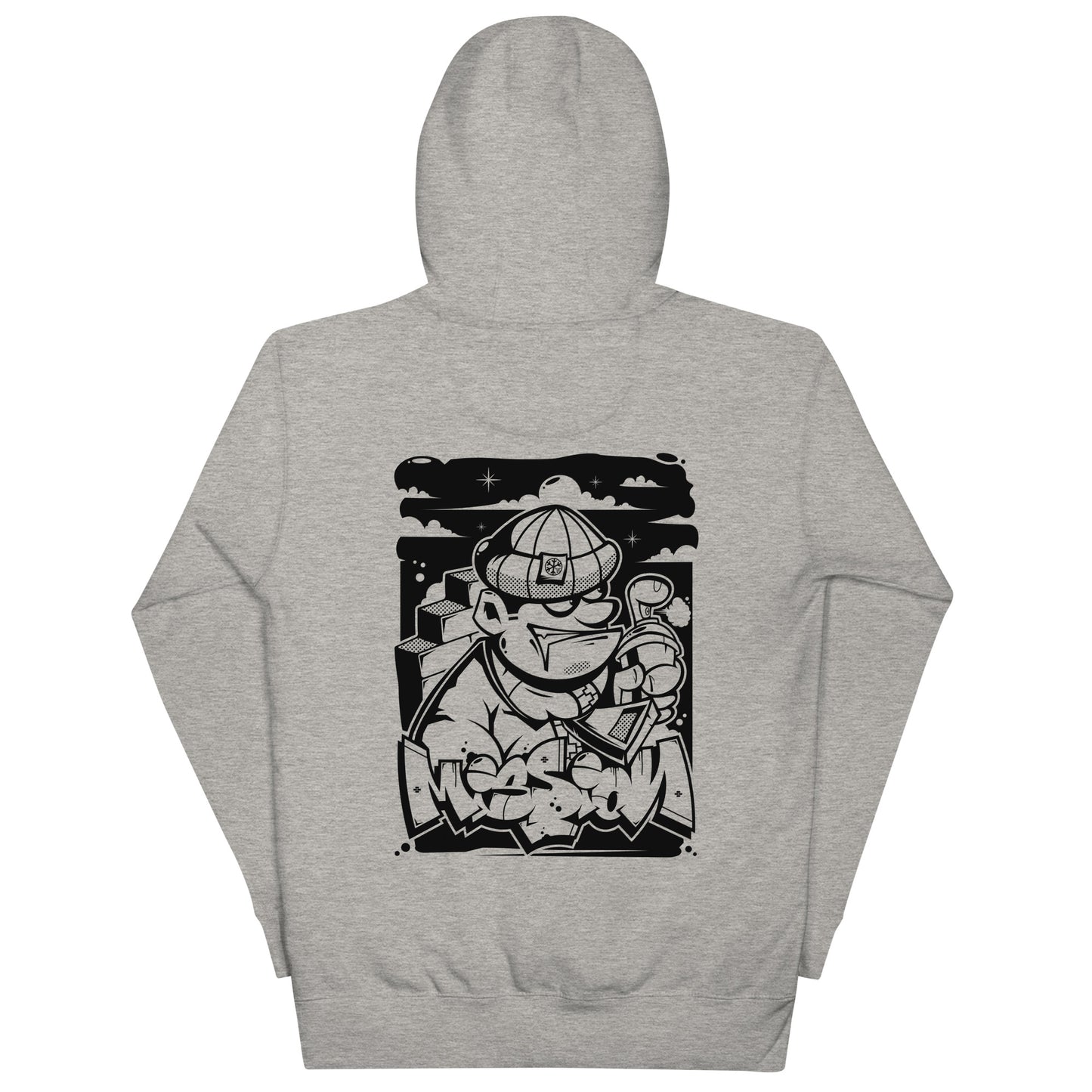Gray-Mission Graffiti Character Hoodie from B.Different Clothing, back view, graffiti-inspired streetwear