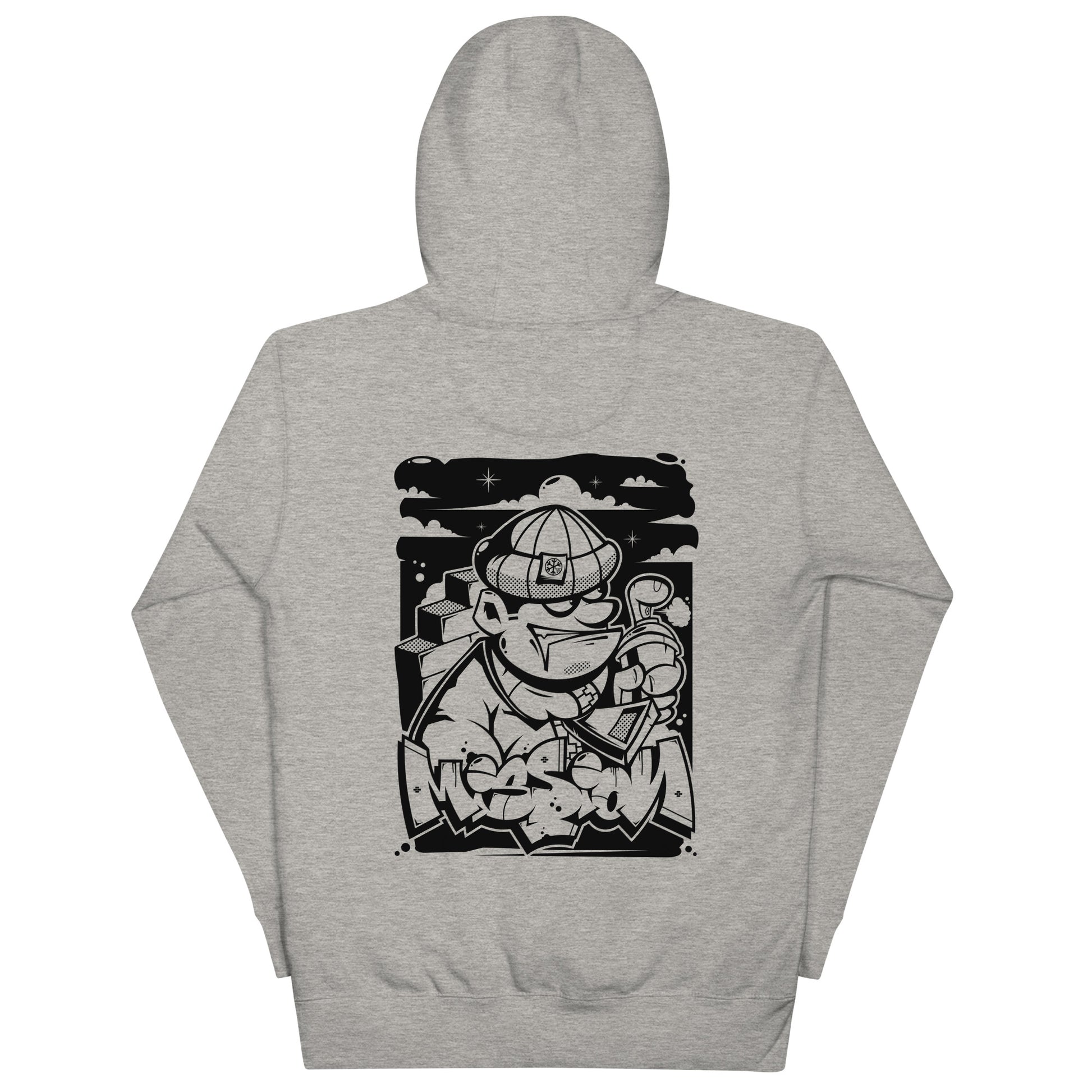 Gray-Mission Graffiti Character Hoodie from B.Different Clothing, back view, graffiti-inspired streetwear