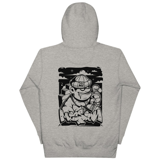 Gray-Mission Graffiti Character Hoodie from B.Different Clothing, back view, graffiti-inspired streetwear