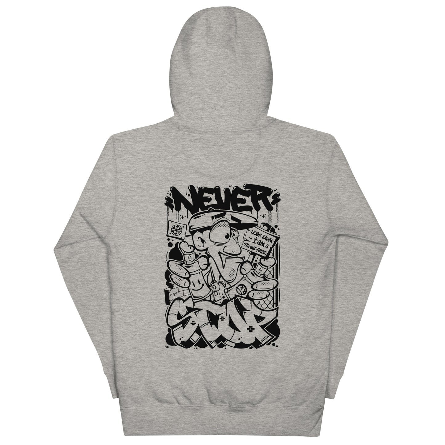 Gray-Never Stop Graffiti Character Hoodie from B.Different Clothing, back view, graffiti-inspired streetwear