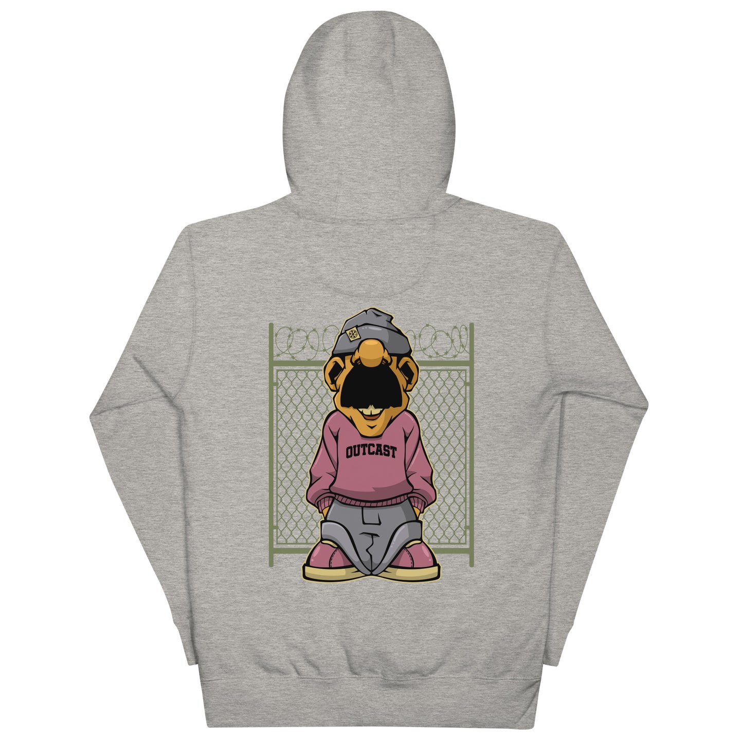 Gray-Outcast Graffiti Character Hoodie from B.Different Clothing, back view, graffiti-inspired streetwear