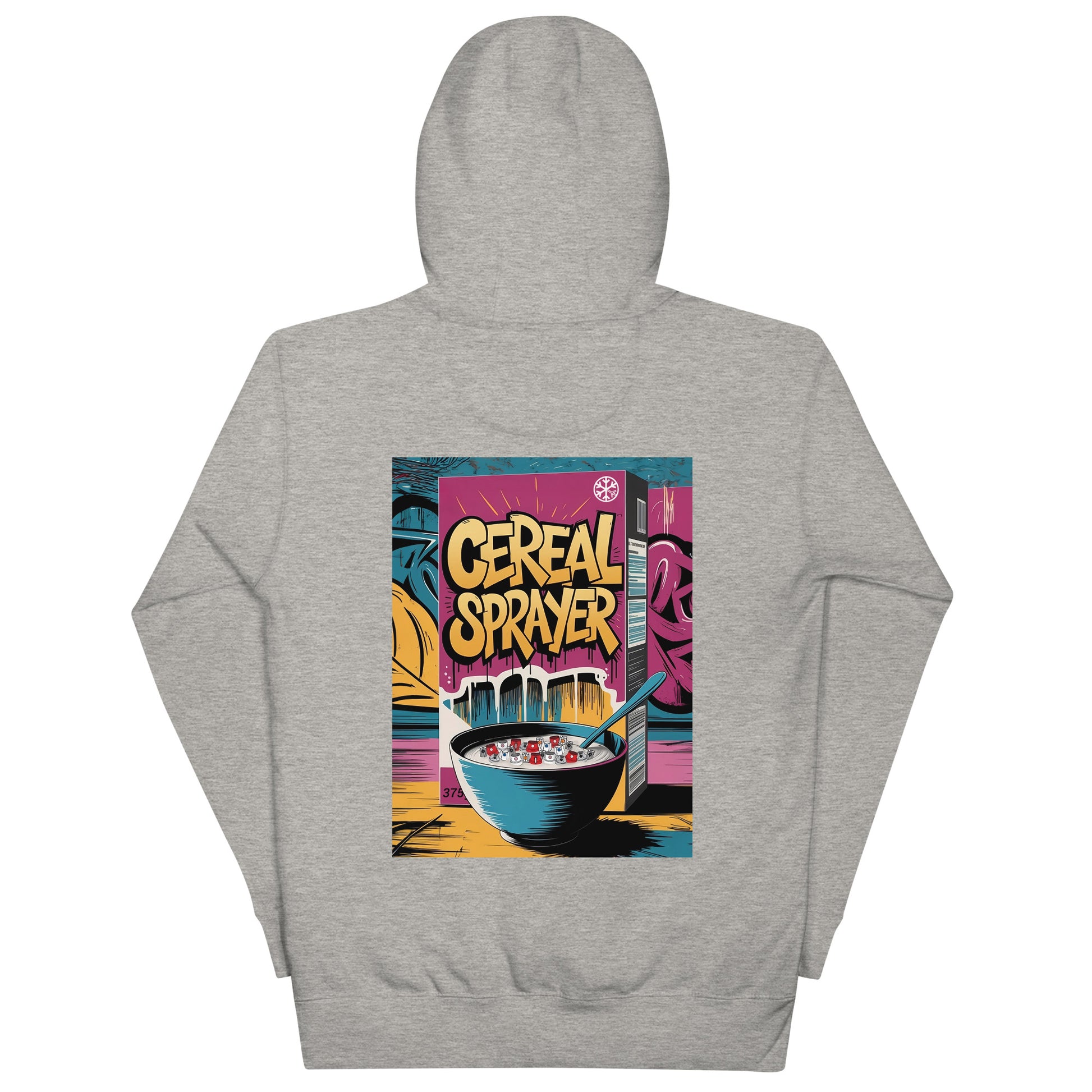 Gray-Cereal Sprayer Graffiti Hoodie from B.Different Clothing, back view, graffiti-inspired streetwear