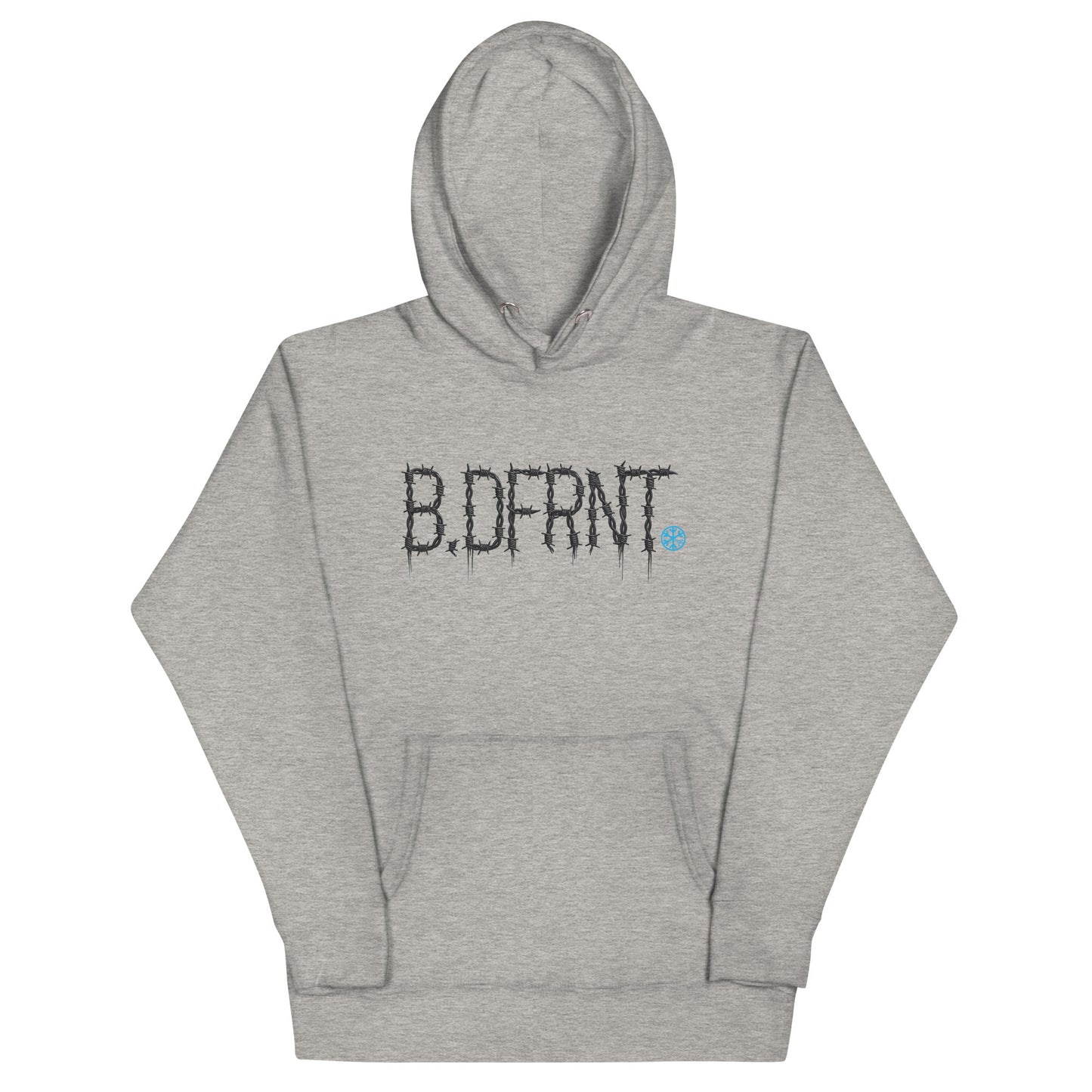 Gray-B.DFRNT Barbed Wire Hoodie from B.Different Clothing, front view, graffiti-inspired streetwear