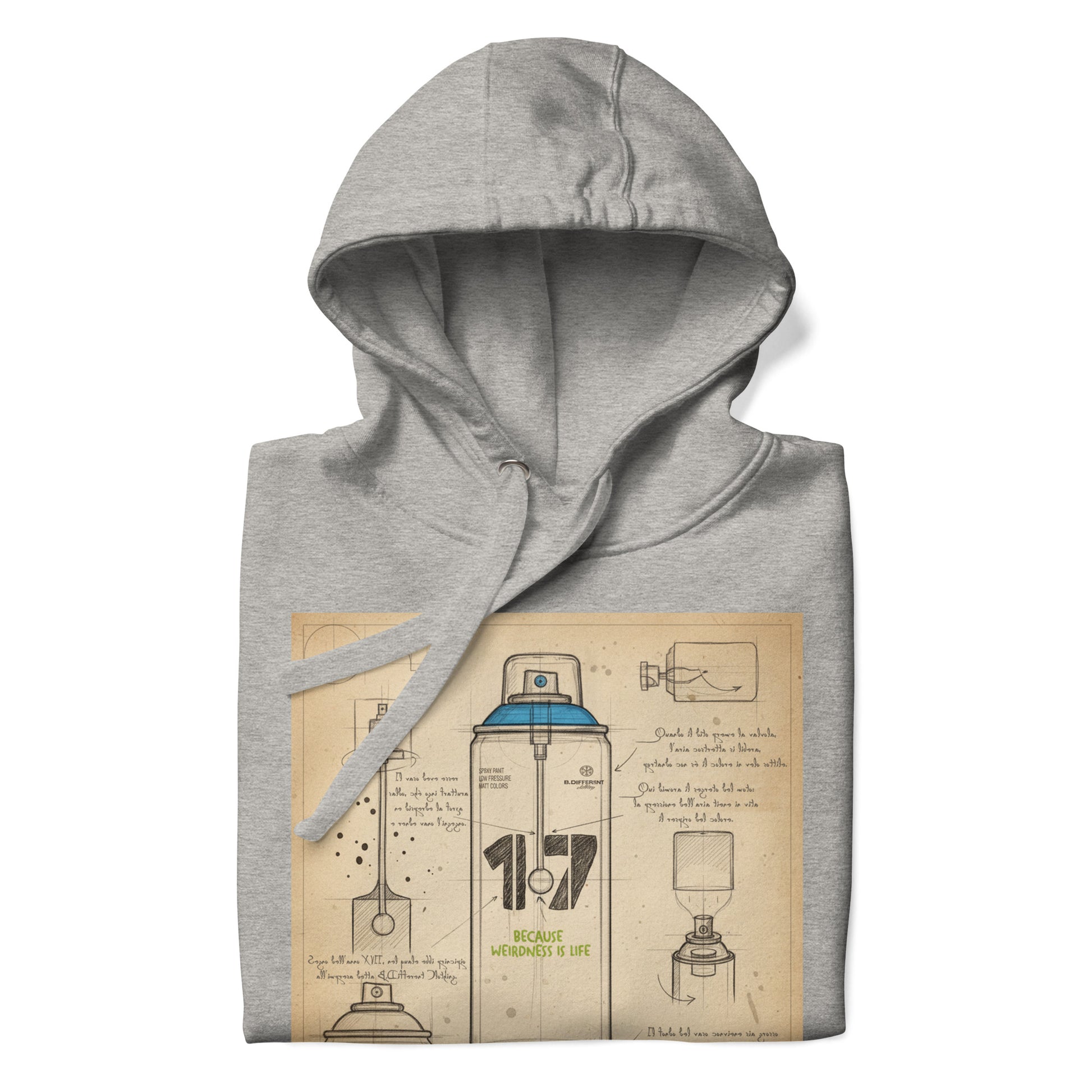 Gray-Spray Can Sketch Graffiti Hoodie from B.Different Clothing, folded, graffiti-inspired streetwear