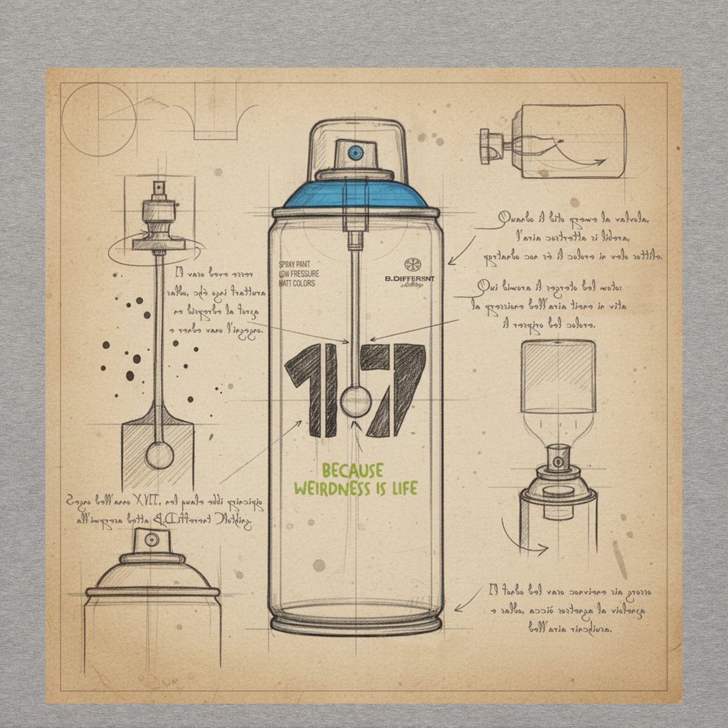 Gray-Spray Can Sketch Graffiti Hoodie from B.Different Clothing, graphic, graffiti-inspired streetwear