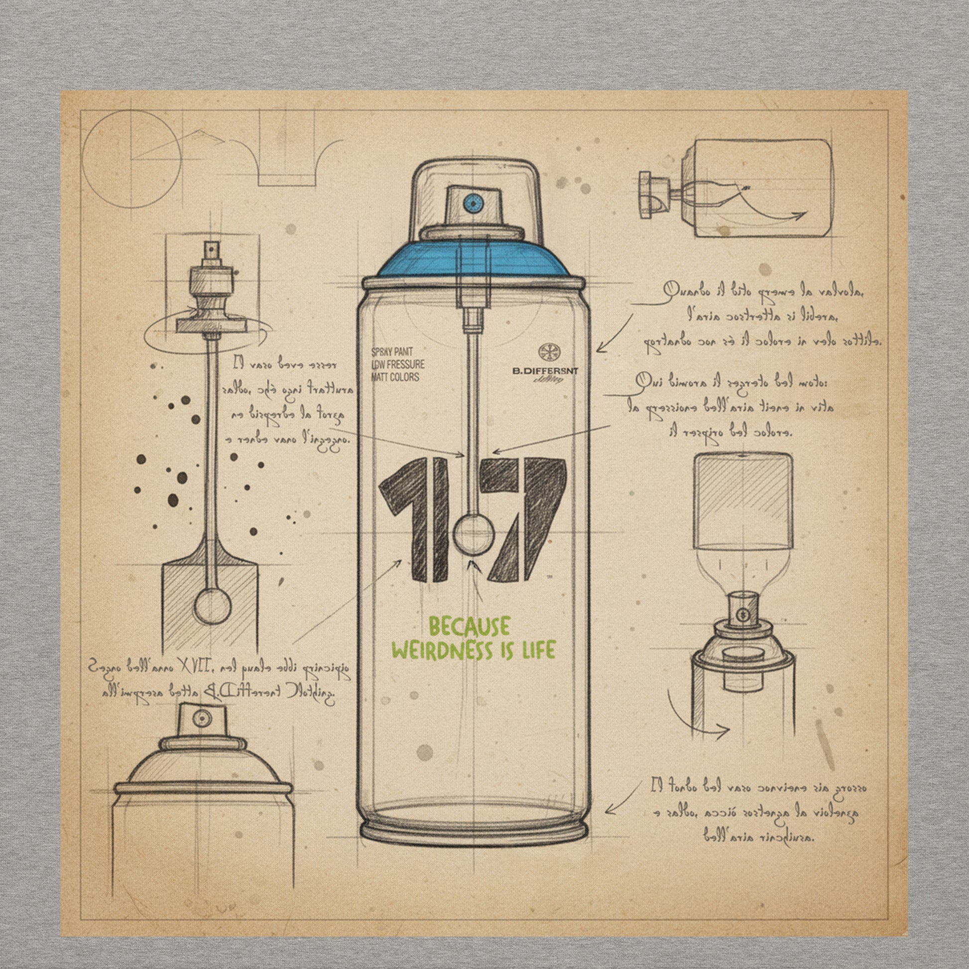 Gray-Spray Can Sketch Graffiti Hoodie from B.Different Clothing, graphic, graffiti-inspired streetwear