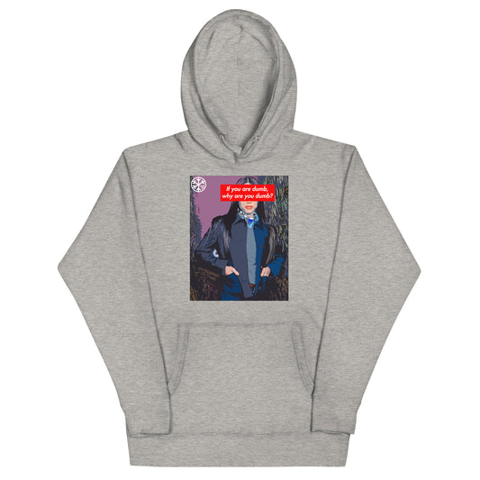 Gray-Why Are You Dumb Hoodie from B.Different Clothing, front view, graffiti-inspired streetwear