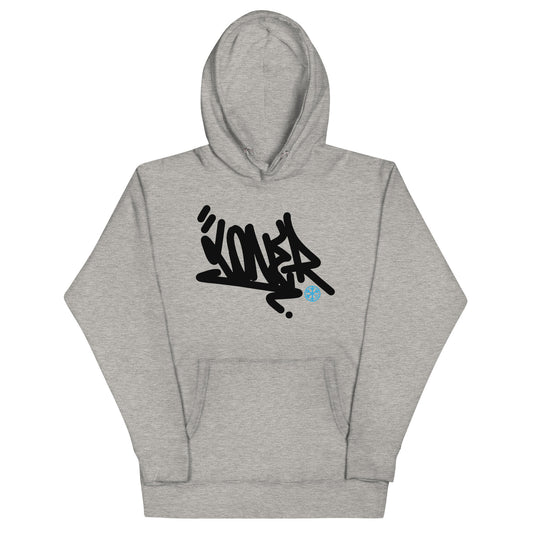 Gray-Loner Graffiti Tag Hoodie from B.Different Clothing, front view, graffiti-inspired streetwear